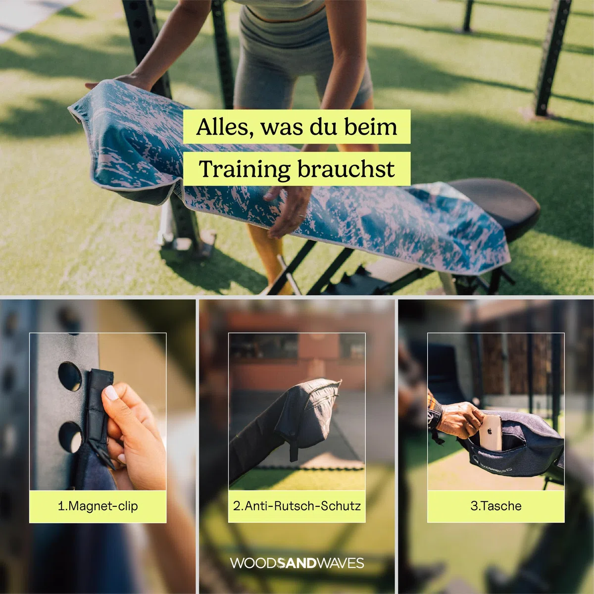 WOODSANDWAVES Ręcznik sportowy do siłowni z zamkiem błyskawicznym i torbą z magnesem – szybkoschnący i antypoślizgowy – ręcznik z mikrofibry do fitness, sportu, siłowni – ręcznik do siłowni i