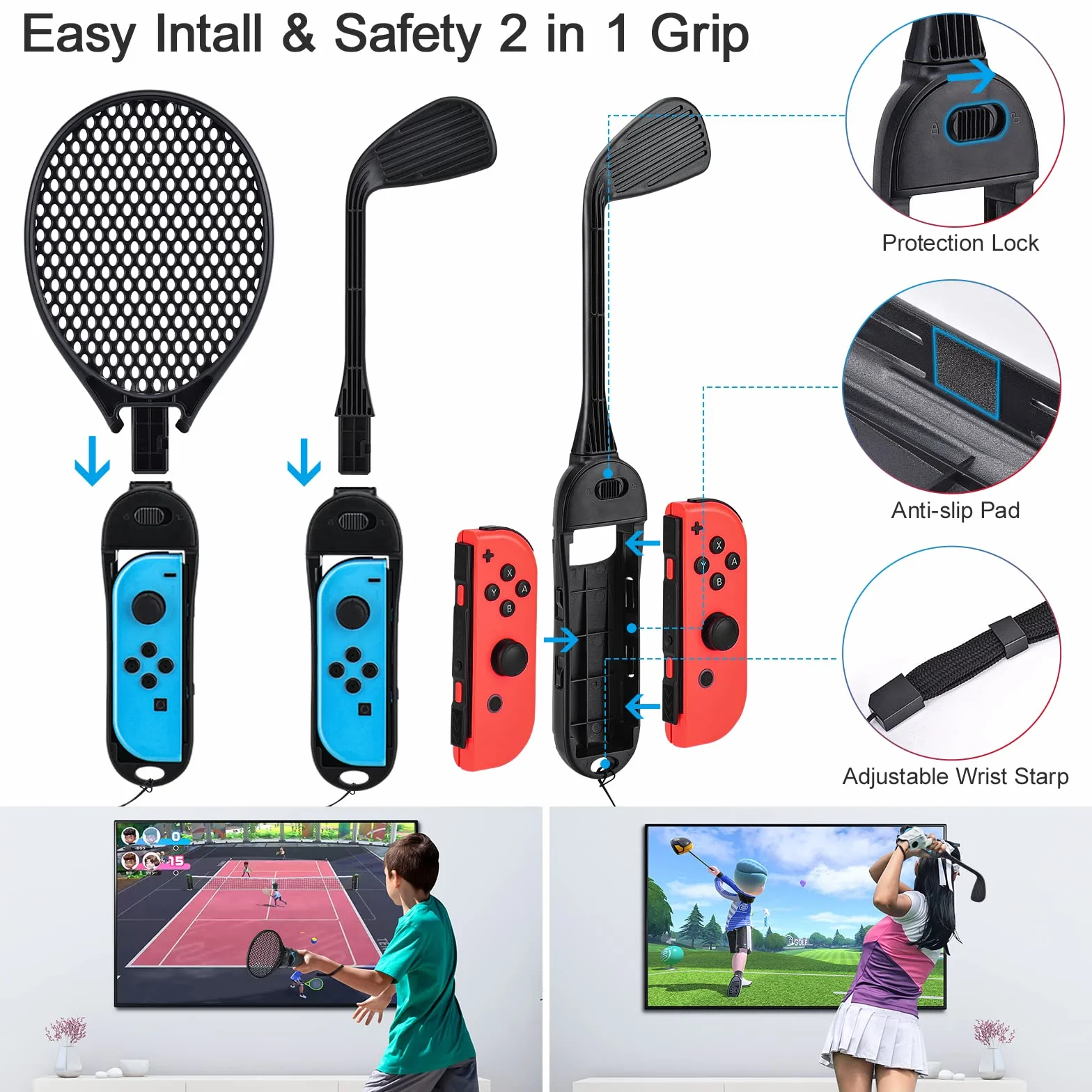 Zestaw akcesoriów sportowych 14 w 1, zestaw innoAura Switch Sports z kierownicą Switch, uchwytem Switch J-Con, rakietą tenisową, paskiem na nogę kompatybilnym z przełącznikiem/Switch OLED