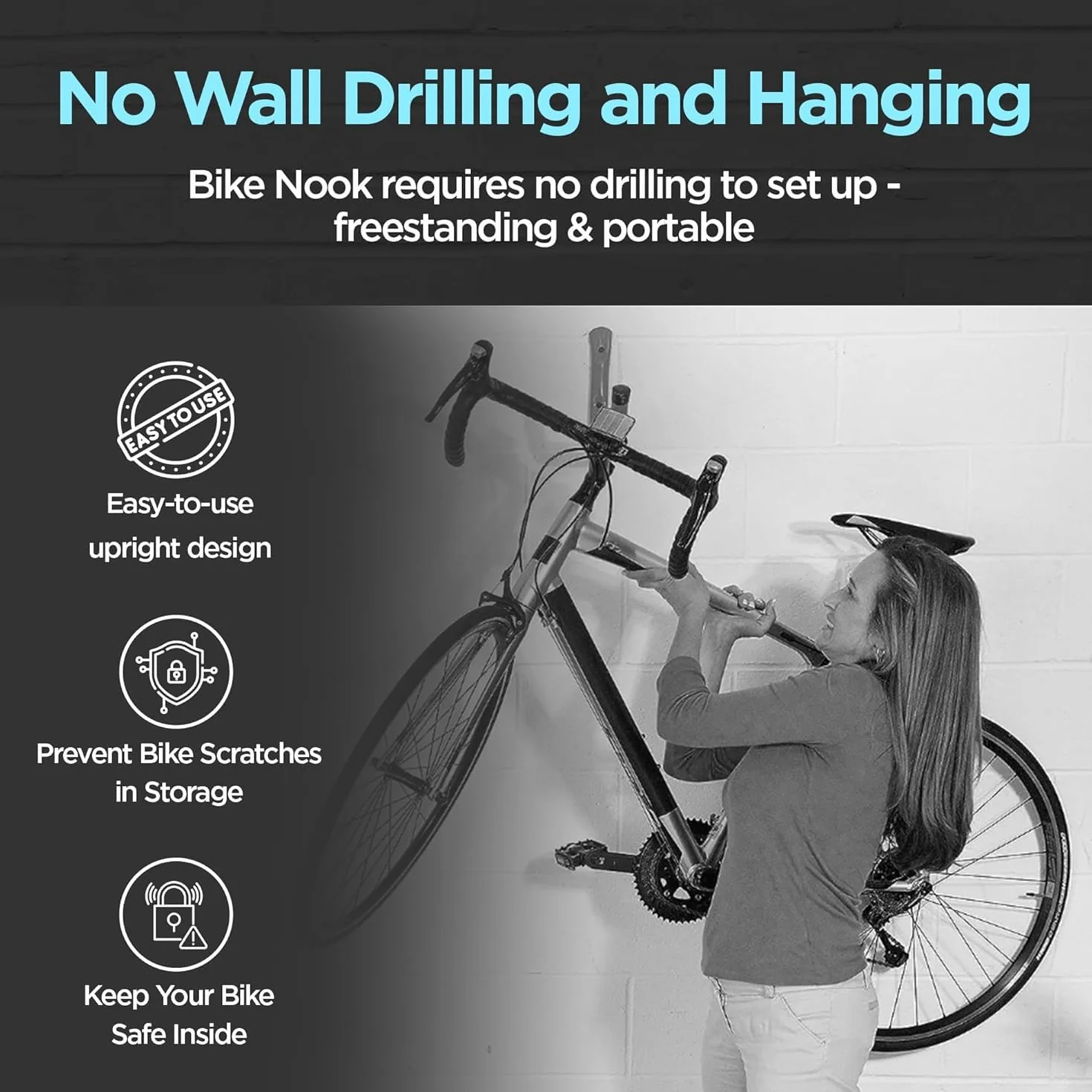 BIKE NOOK Stojak na rowery Tylne koło do użytku w pomieszczeniach, Uchwyt na rower, Systemy organizacji garażu dla rowerów, Stojak oszczędzający miejsce z regulowaną wysokością, Stojak na rowery