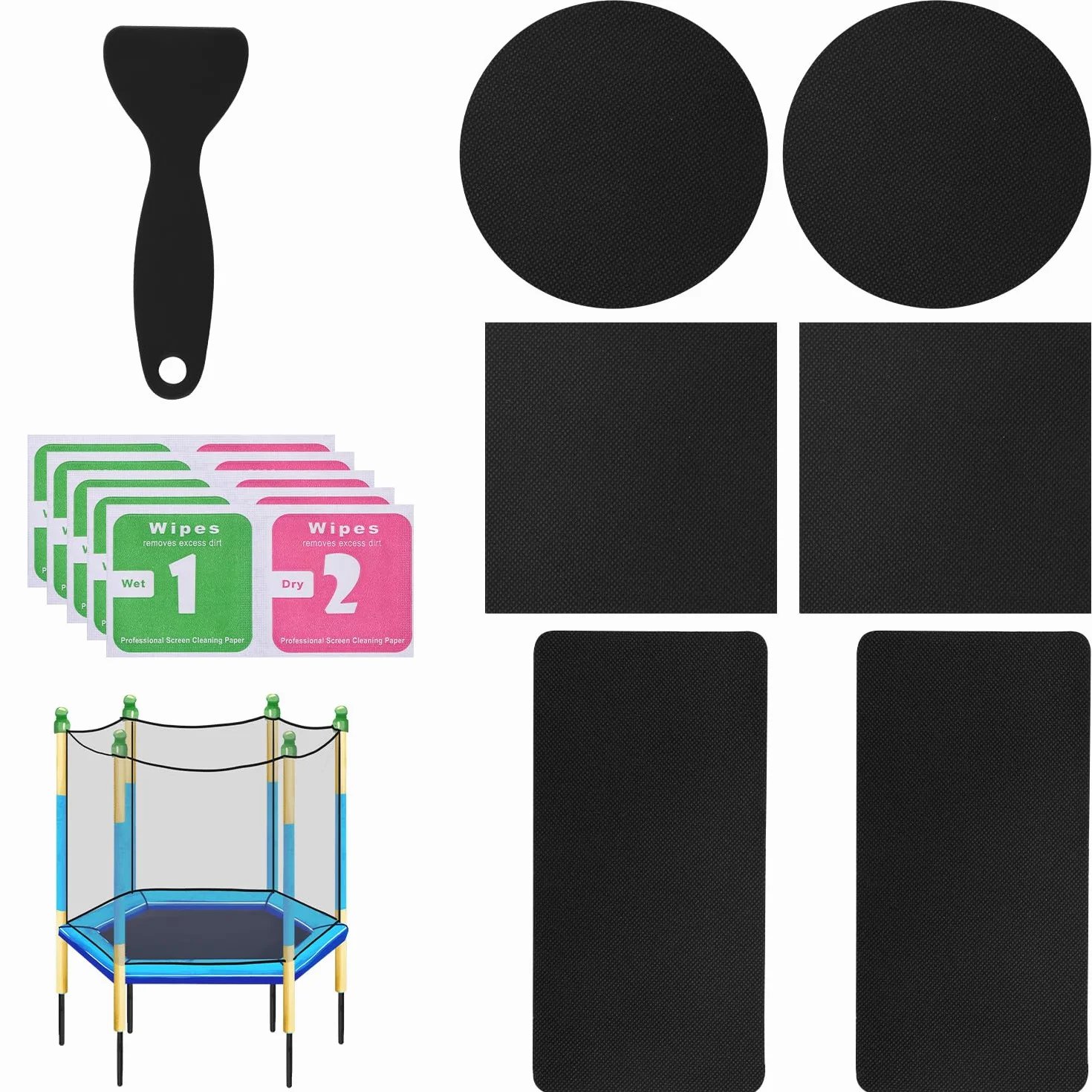 Tinoaly 6szt Samoprzylepny Zestaw Naprawczy do Trampoliny, 3 Kształty Łatek Akcesoria Taśmy Naprawczej Mat Trampolinowych do Naprawy Rozdarć Dziur Przebić w Matach Trampolinowych (Czarny)