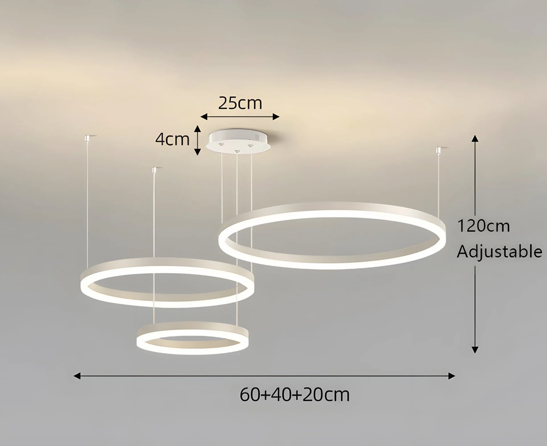 Nowoczesny Żyrandol LED 45W 3 Biały Pierścienie 20+40+60cm Metalowy Akrylowy Ściemniany Pilotem 2,4G Lampa Wisząca Sufitowa