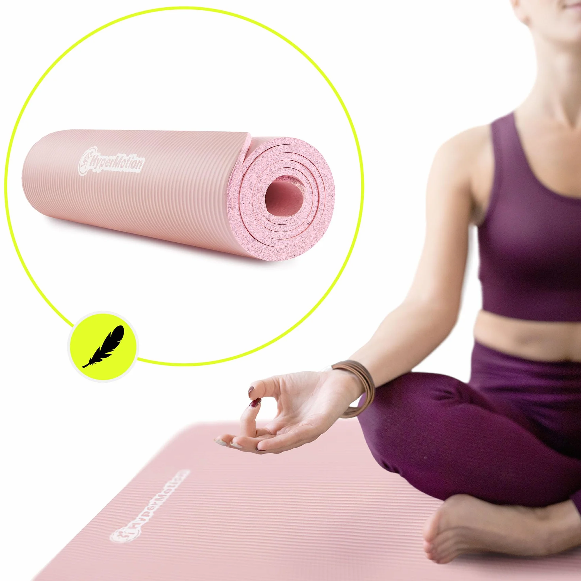 HyperMotion Mata do Ćwiczeń Fitness i Jogi NBR 183x61x0,8 cm Różowa, Antypoślizgowa, 8 mm, z Paskiem do Ćwiczeń i Przenoszenia, do Jogi, Pilatesu i Stretchingu