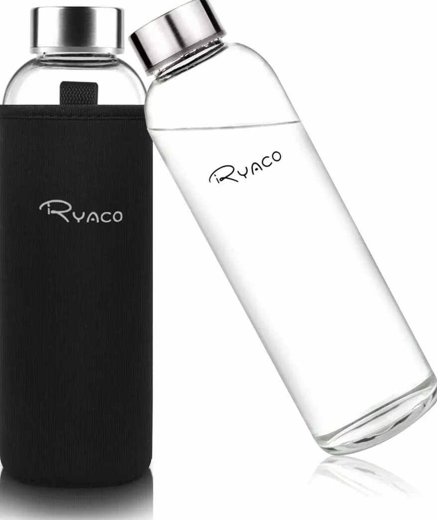 RYACO Butelka na wodę ze szkła borokrzemowego, 550 ml, bez BPA, szczelna, do szkoły, domu, biura, podróży, sportu, jogi, siłowni, gorących/zimnych napojów, z neoprenowym rękawem i szczotką z gąbki