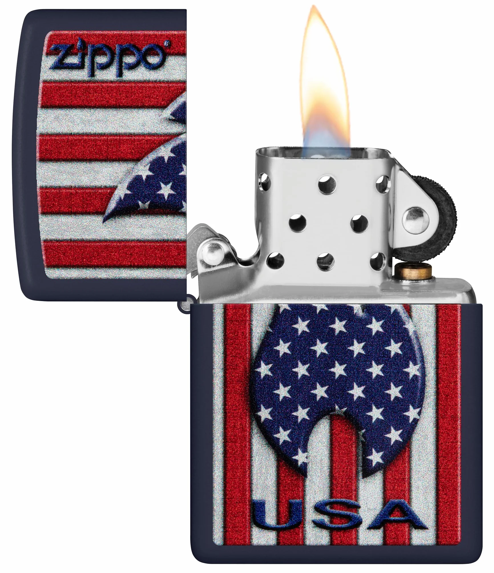 Zippo Patriotic Flame Zapalniczka Sztormowa, Kolorowy Nadruk, do Napełniania, Wielokrotnego Użytku, Wiatroodporna Konstrukcja, Pudełko na Prezent, Wykonano w USA, Kolor Granatowy Matowy (Navy Matte)