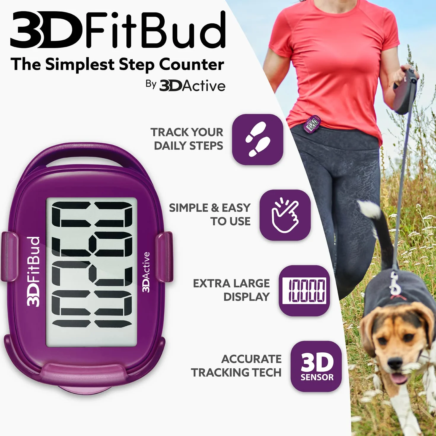 3DActive 3DFitBud Prosty krokomierz 3D klipsem i smycza, licznik kroków, duzy wyswietlacz, latwy uzyciu dzieci, doroslych i seniorów, do sledzenia aktywnosci fizycznej A420S - Sliwka