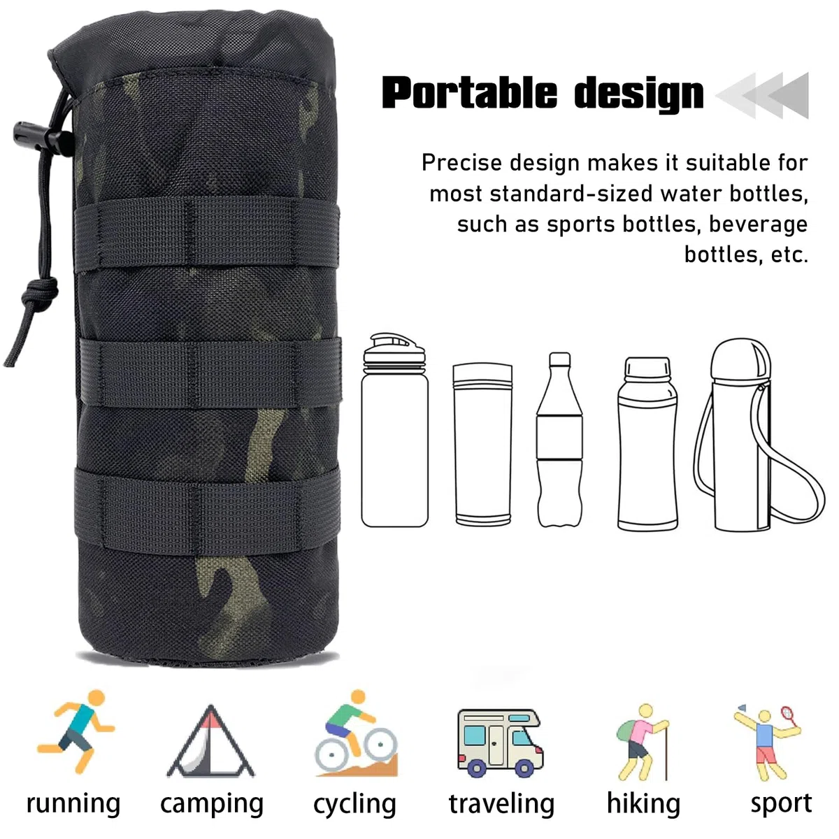 Molle System uchwyt na butelki, taktyczny, nylonowy uchwyt na napoje ze ściągaczem, składany uchwyt na butelki z siateczki, na podróż, wędkowanie, polowanie, wędrówki, aktywności na świeżym