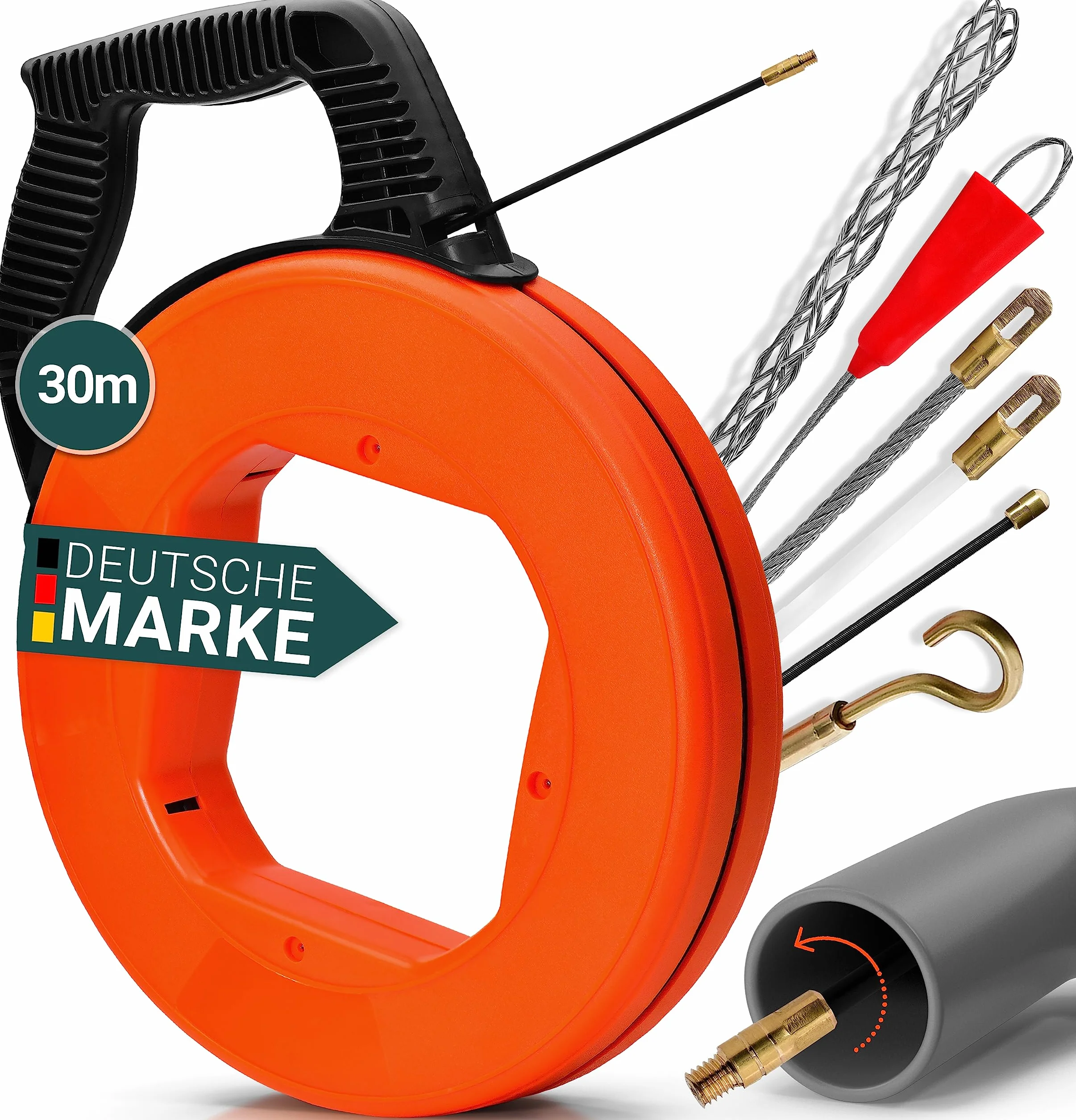Spirala do wciągania kabli 30 m z 6 adapterami – drut naciągowy 4 mm do rur pustych