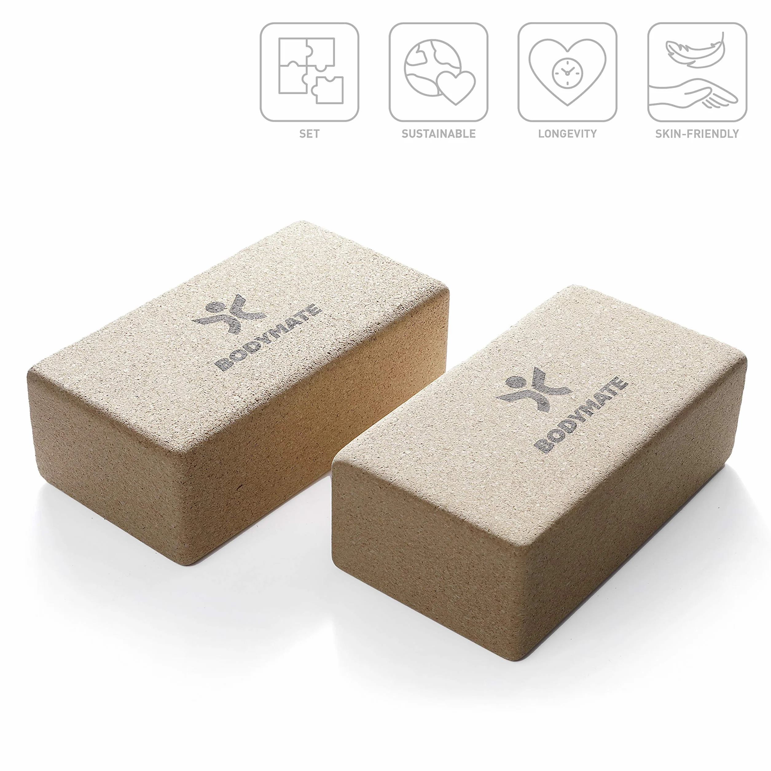 BODYMATE – kostki do jogi z korka – zestaw 2 szt., z naturalnego, w 100% ekologicznego korka – do asan, medytacji, ćwiczeń relaksacyjnych, dla początkujących i profesjonalistów – 22 x 12 x 7,5 cm