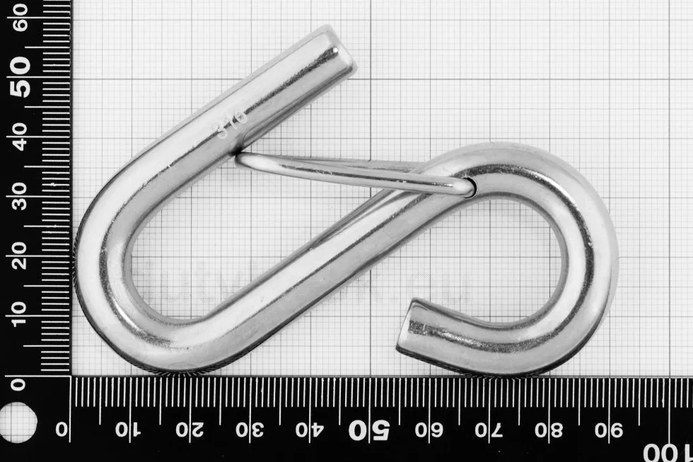 Hak S z bezpiecznikiem, 10 mm, 90 mm, stal szlachetna A4 AISI 316