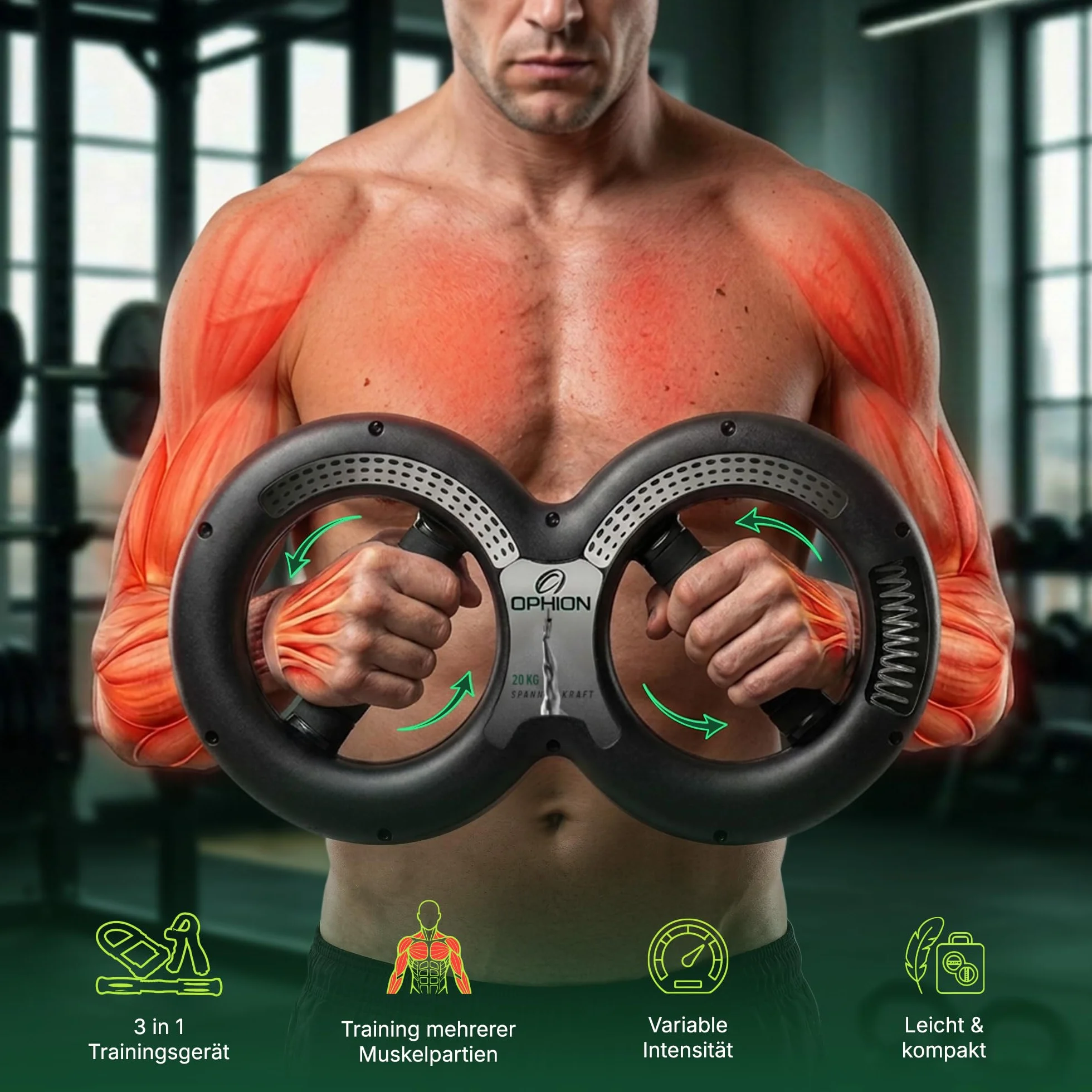 OPHION Multi Power Gripper – trener przedramion i dłoni do treningu ramion, nadgarstków, ramion i klatki piersiowej – trener siły chwytu z oporem obrotowym – trening siłowy dla sportowców i w domu