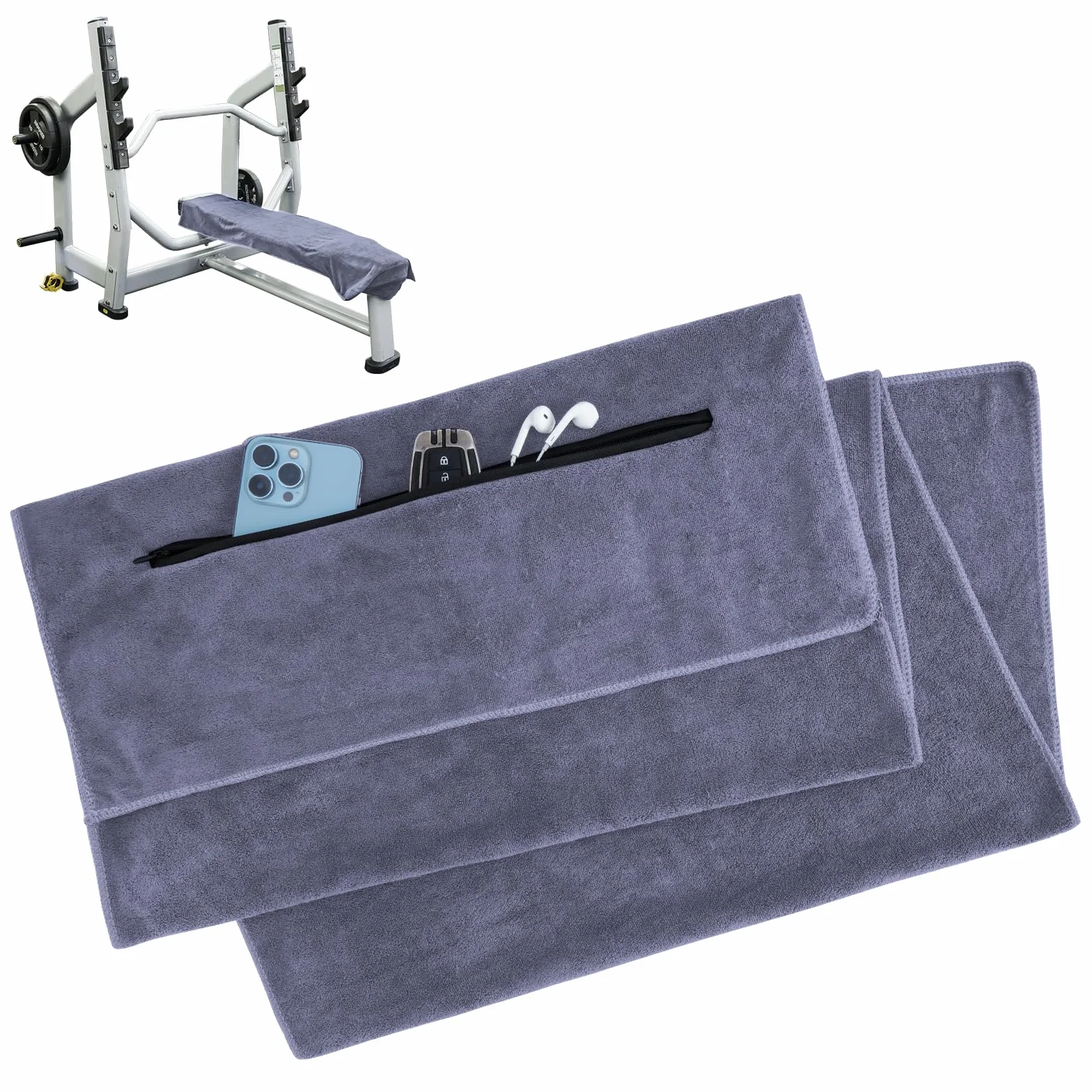 YIIFELL 120 x 50 cm ręcznik fitness, sportowy mikrofibra, z kieszenią, na siłownię, jogę, aktywność, szary