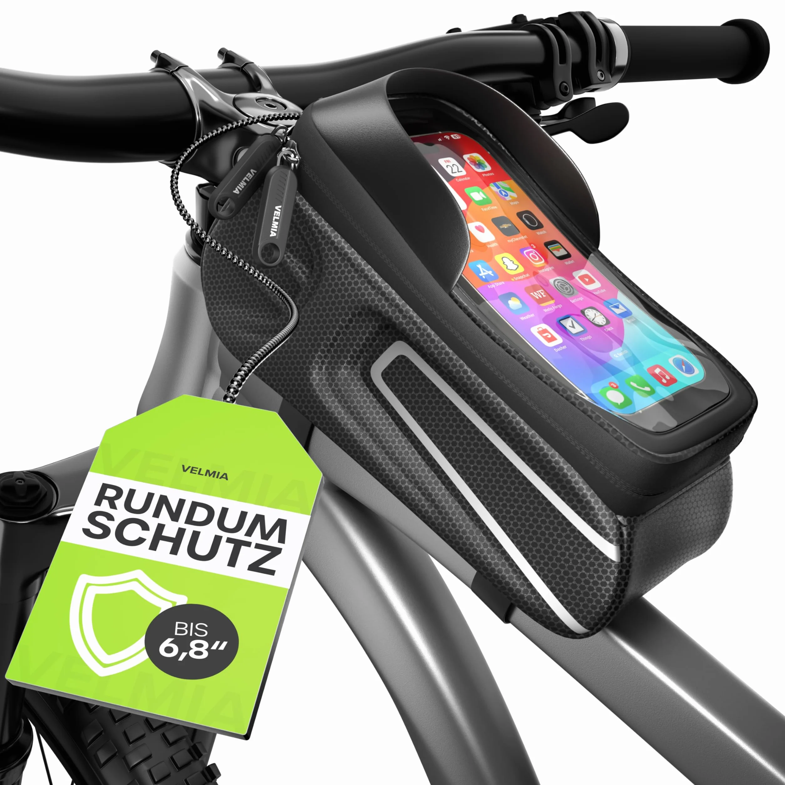 Velmia Uchwyt rowerowy na telefon i torba na ramę | Smartfony do 6,7 cala, pojemność 1,3 litra | 100% wodoodporna i funkcjonalna ochrona dotykowa | Odblaskowa, trwała, łatwa w instalacji | Akcesoria