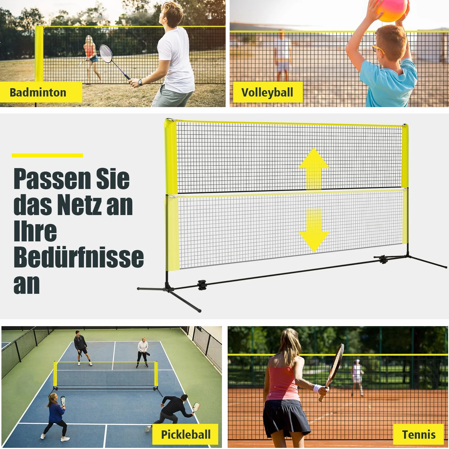 COSTWAY Siatka do badmintona 310 cm z regulacją wysokości, zestaw z 2 lotkami i torbą