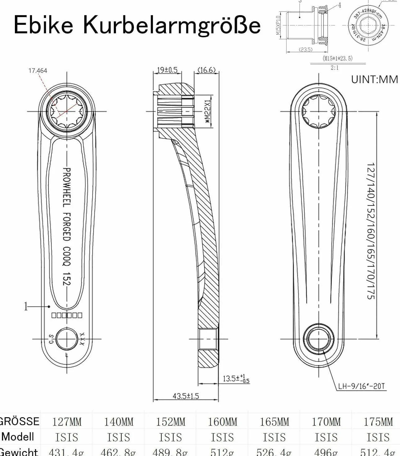 Prowheel Ebike Crank Arm,127 mm/140 mm/152 mm/160 mm/165 mm/170 mm/175 mm Electric Bicycle Crank Arm do silnika Mid Drive, Bosch GEN4, PW-X3/PW-X2, BANGFANG M620, Brose Standard/MAG, GX0