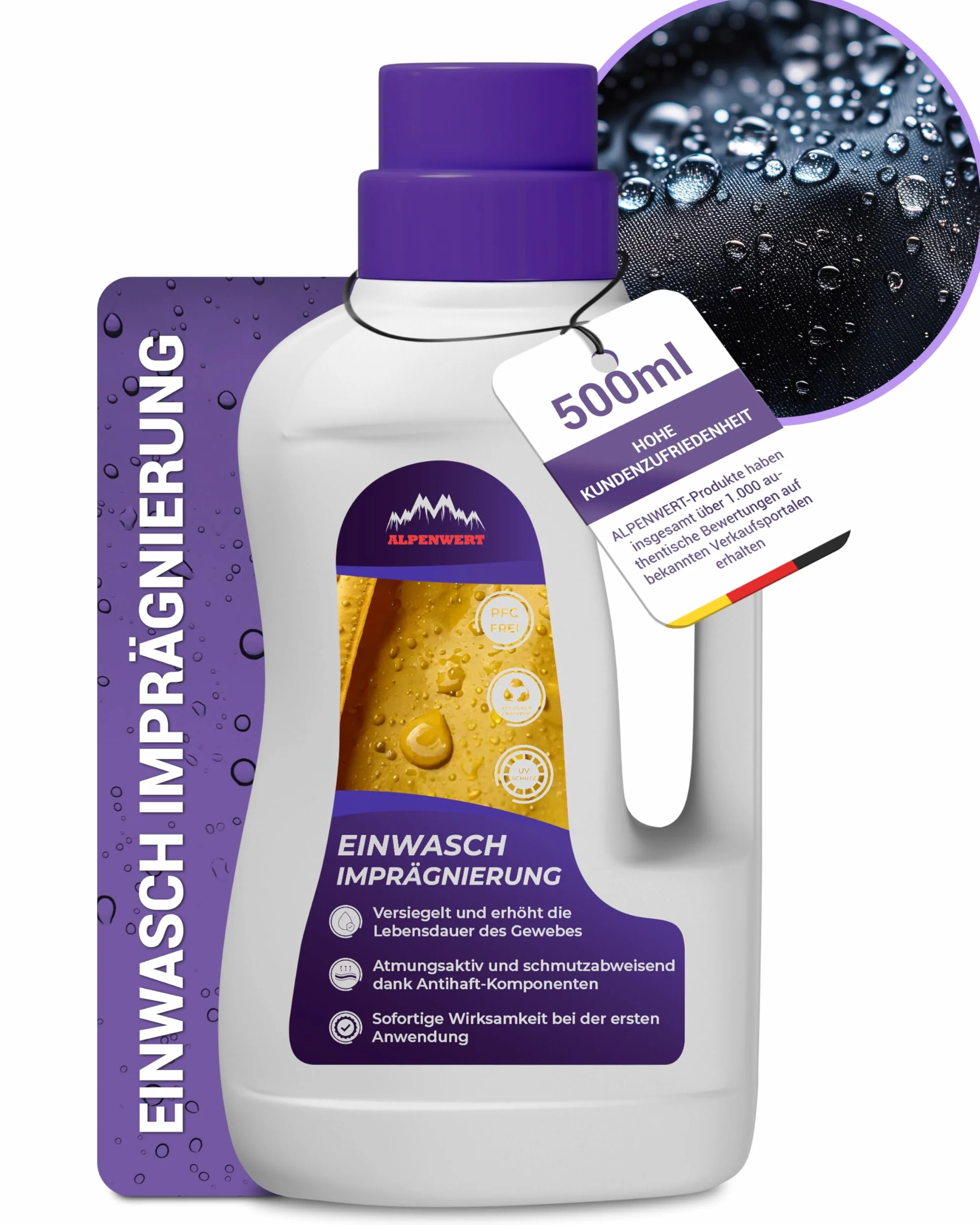 ALPENWERT® Środek do impregnacji 500ml [WYROBIONO W NIEMCACH] do odzieży outdoorowej, odzieży funkcyjnej, odzieży narciarskiej, Gore-tex i innych. Środek do impregnacji, impregnacja do prania
