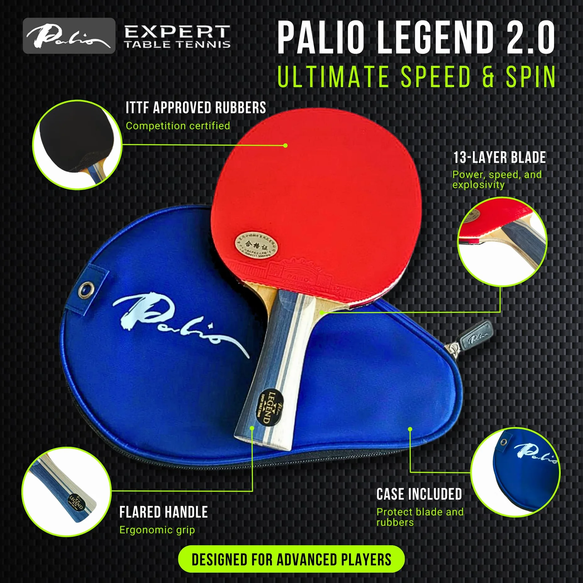 Palio Legend 2.0 kij do tenisa stołowego i etui, zatwierdzona przez ITTF zaawansowana rakieta do pingponga | maksymalna moc, prędkość i wirowanie
