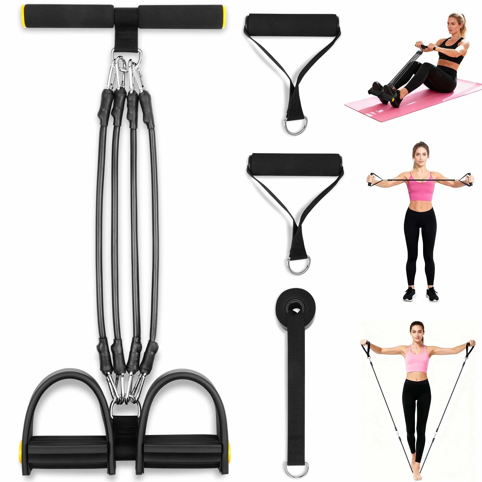 Flintronic Regulowany ekspander do klatki piersiowej, taśmy oporowe fitness z 3 strunami, regulowane taśmy oporowe z uchwytami, trener brzucha, wielofunkcyjny trener do domu, kolor czarny