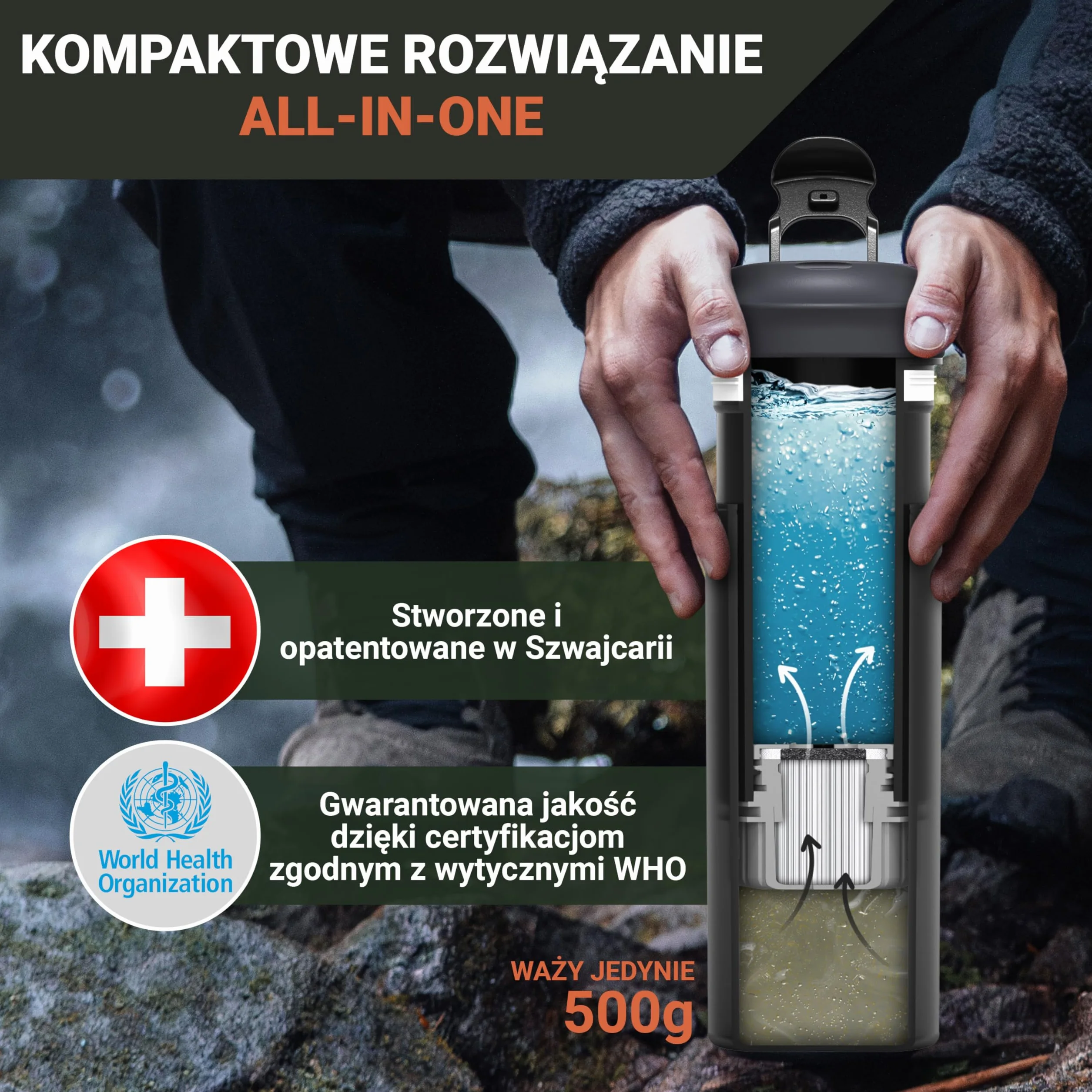 Bachgold Zewnętrzny filtr do wody 1500 l Usuwa 99,99% bakterii mikroplastik chlor Odporny na blaknięcie do butelek 800ml