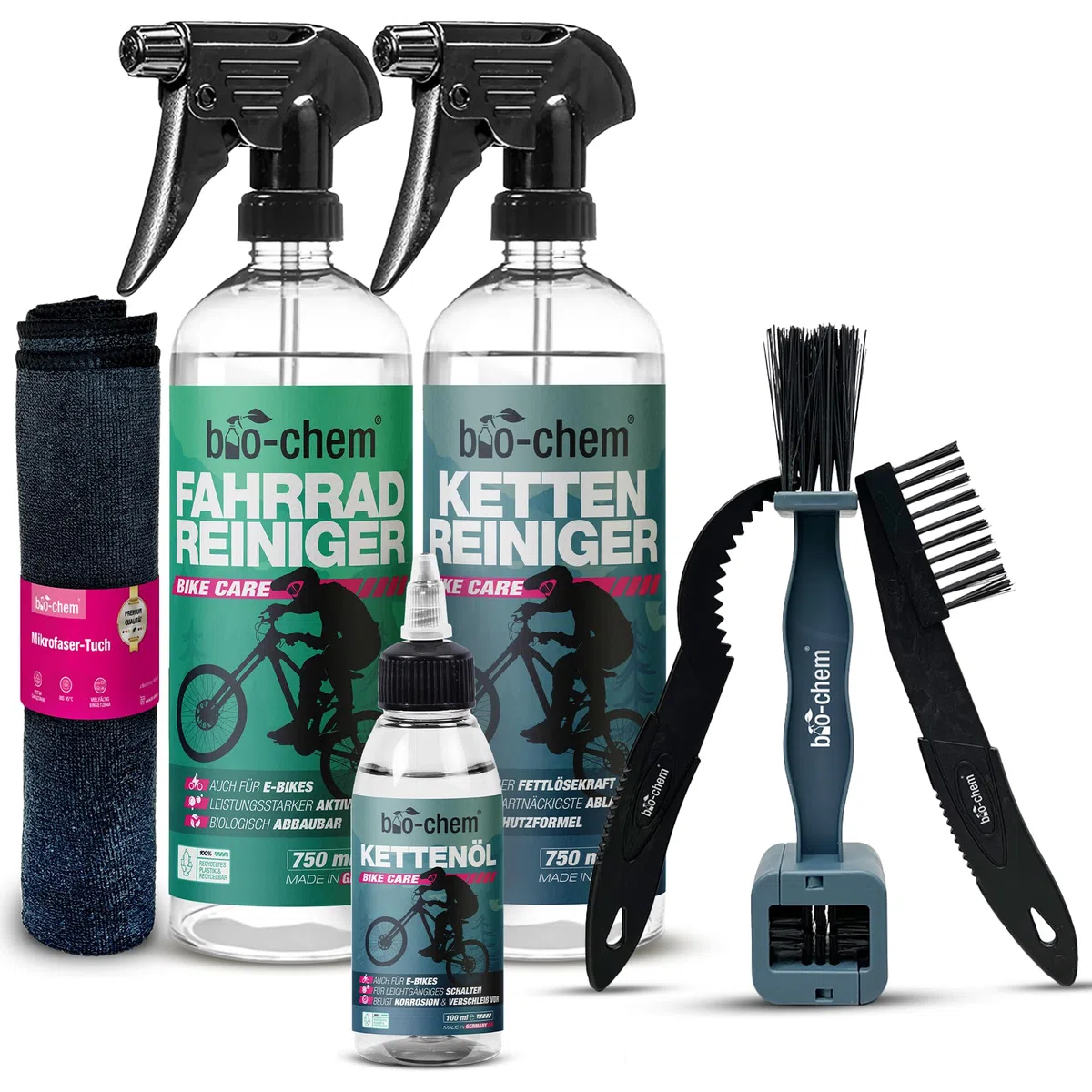Bio-Chem - Zestaw 7 produktów do czyszczenia roweru - Środek do czyszczenia ram rowerowych - Środek do odtłuszczania łańcucha - Olej smarujący - 3 szczotek do czyszczenia + szczotka rowerowa