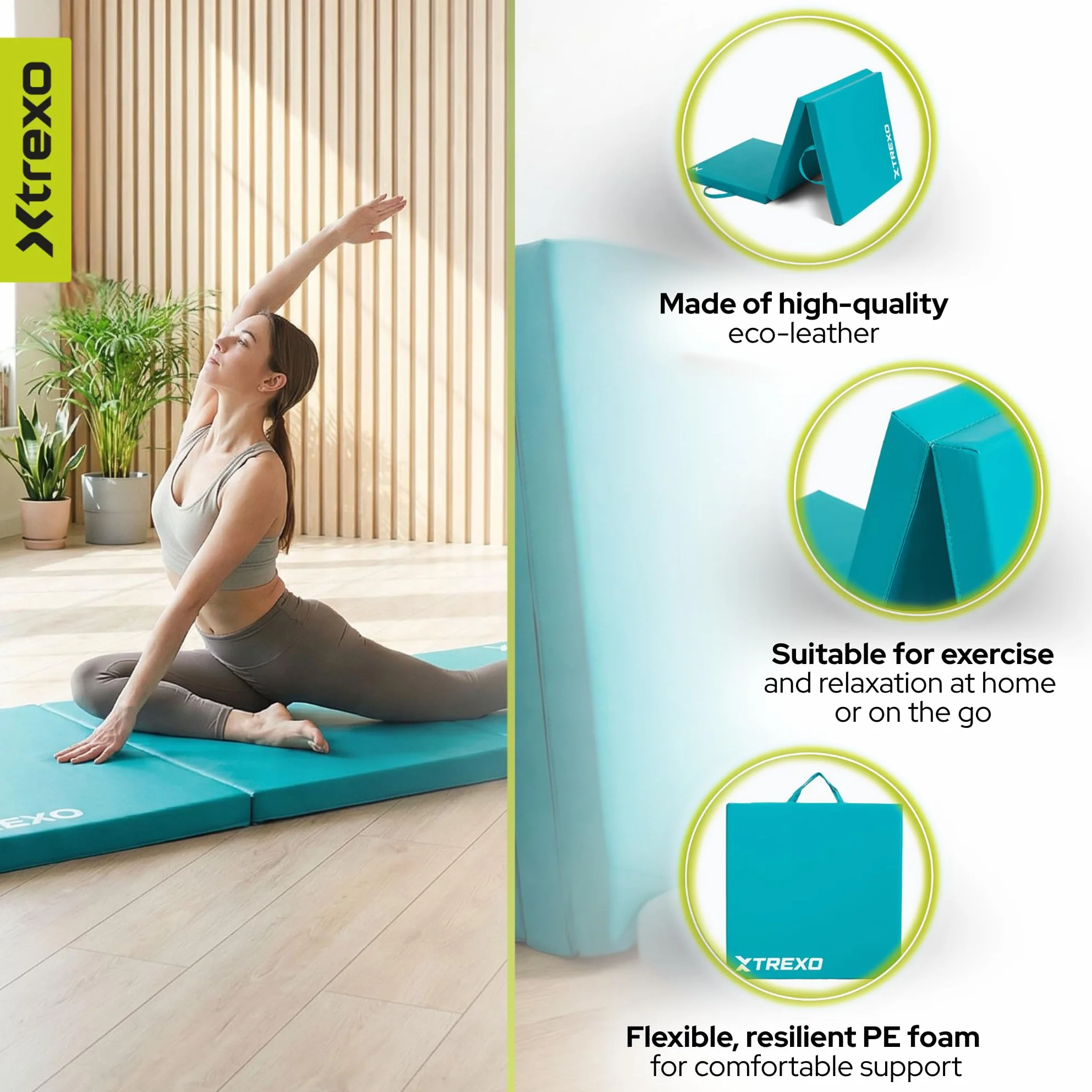 TREXO Składana mata gimnastyczna 180 x 60 x 5 cm – mata gimnastyczna ze sztucznej skóry z 3 segmentami – tapicerka o grubości 5 cm – do fitnessu, szkoły i treningu domowego