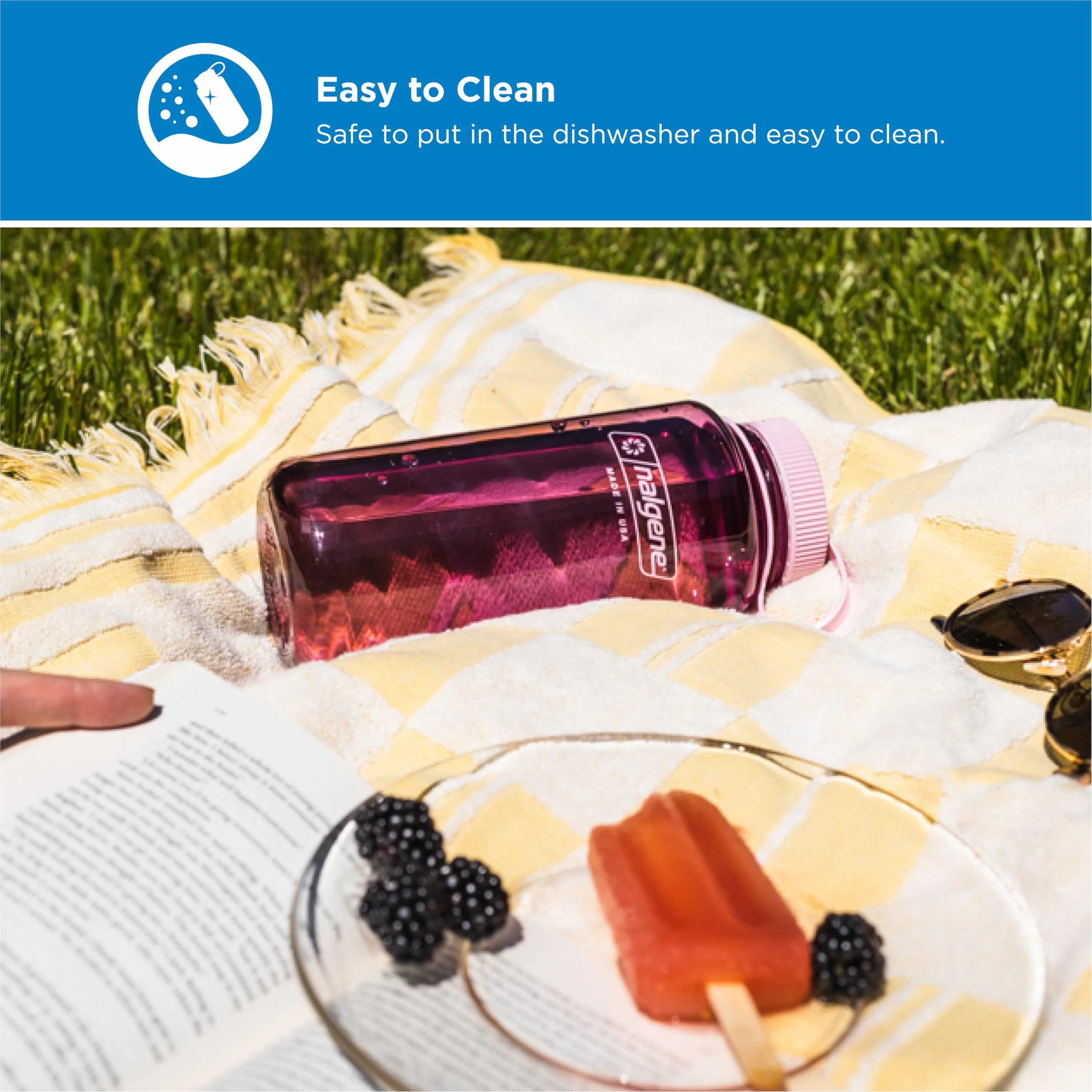 Nalgene Sustain Butelka na wodę z tritanu, bez BPA, wykonana z materiału pochodzącego w 50% z tworzywa sztucznego, 900 ml, szeroki otwór, kwiat wiśni