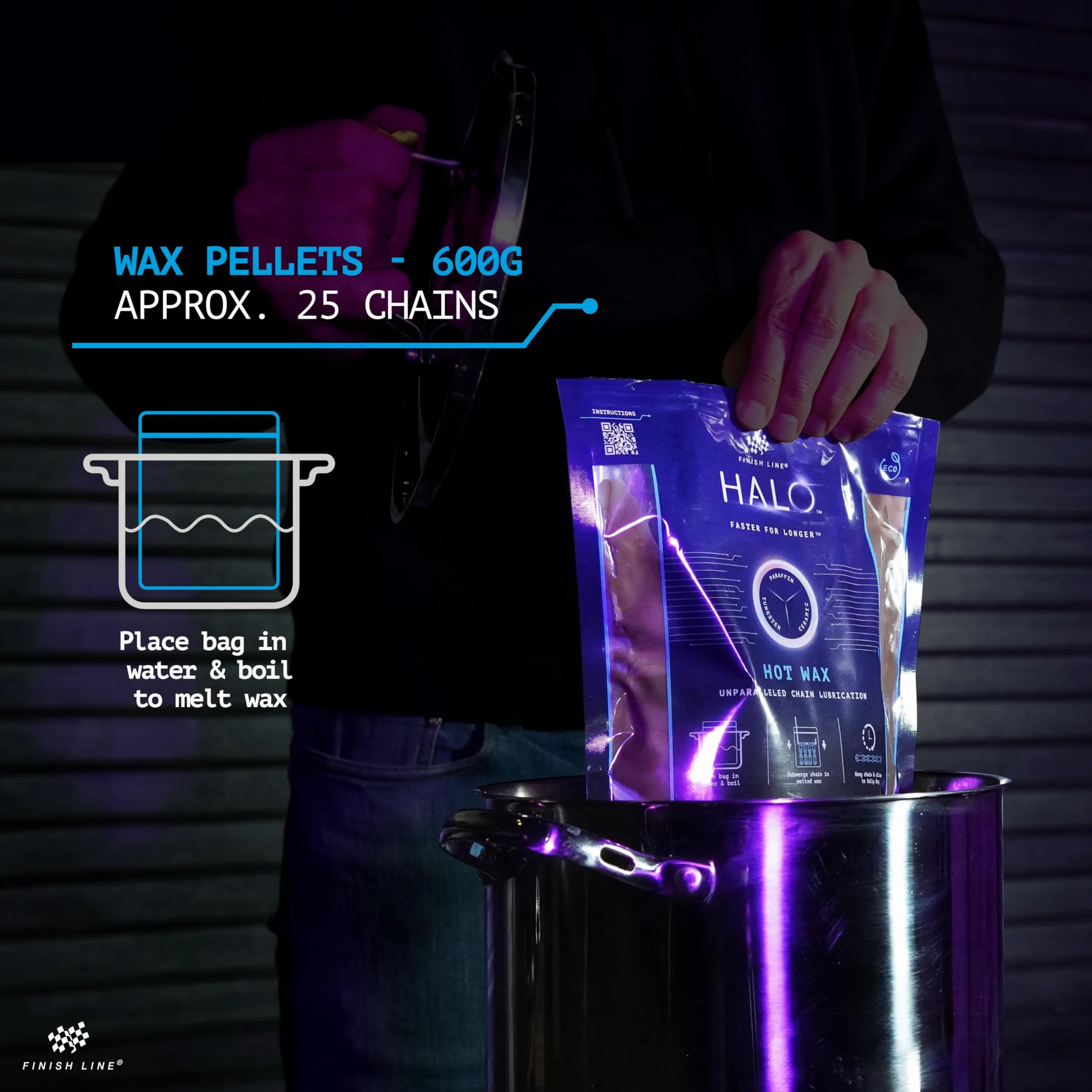 Finish Line HALO Hot Wax wosk klasy premium, 600 g, zestaw z narzędziem do zanurzania, granulki woskowe do topienia, wosk do łańcucha rowerowego, smar do łańcuchów dla trwałości, akcesoria rowerowe