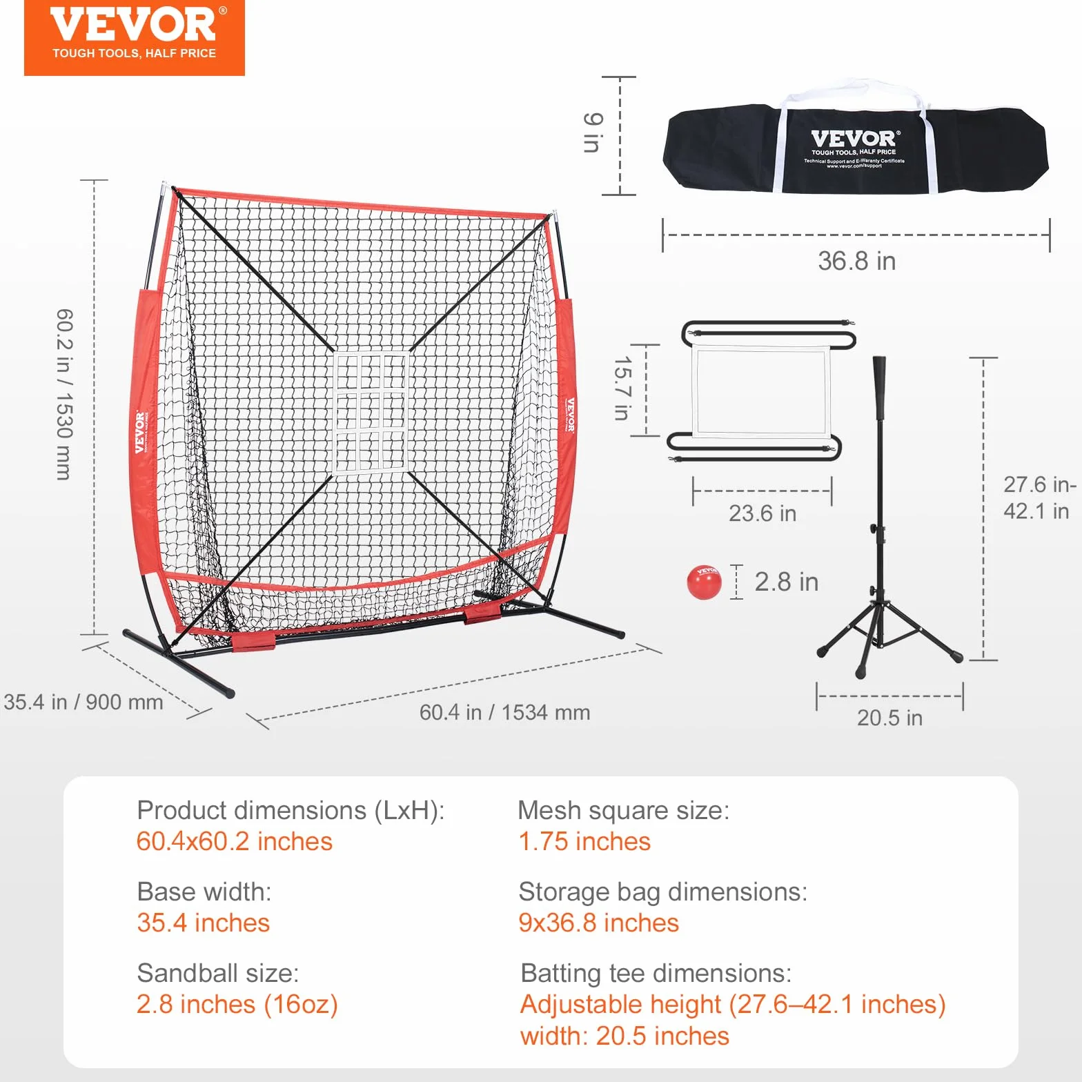 VEVOR 2,1 x 2,1 m siatka treningowa do softballu, przenośna siatka treningowa do uderzania, łapania mrugnięcia, sprzęt baseballowy, pomoce treningowe ze strefą uderzenia (Tylko netto)