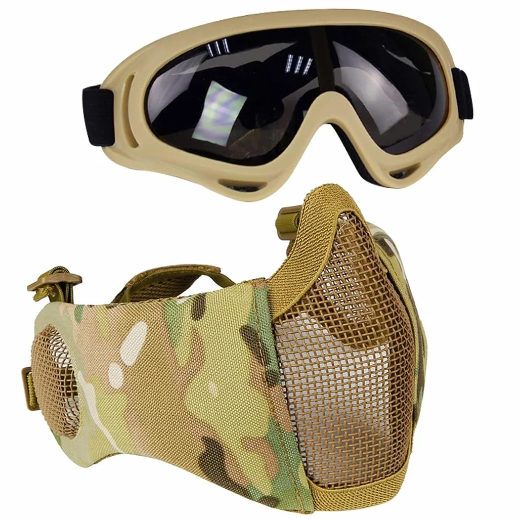 Zestaw sprzętu ochronnego Airsoft, półmaska siatkowa z ochroną uszu i goglami, zestaw do CS, polowania, paintballa, strzelania