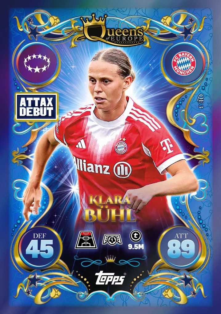 Topps UCC Match Attax 2025/26 - Update Eco Pack #3 - Queens of Europe - zawiera 41 kart, w tym 16 ekskluzywnych kart Queens of Europe plus jedną kartę LE Star Girl.