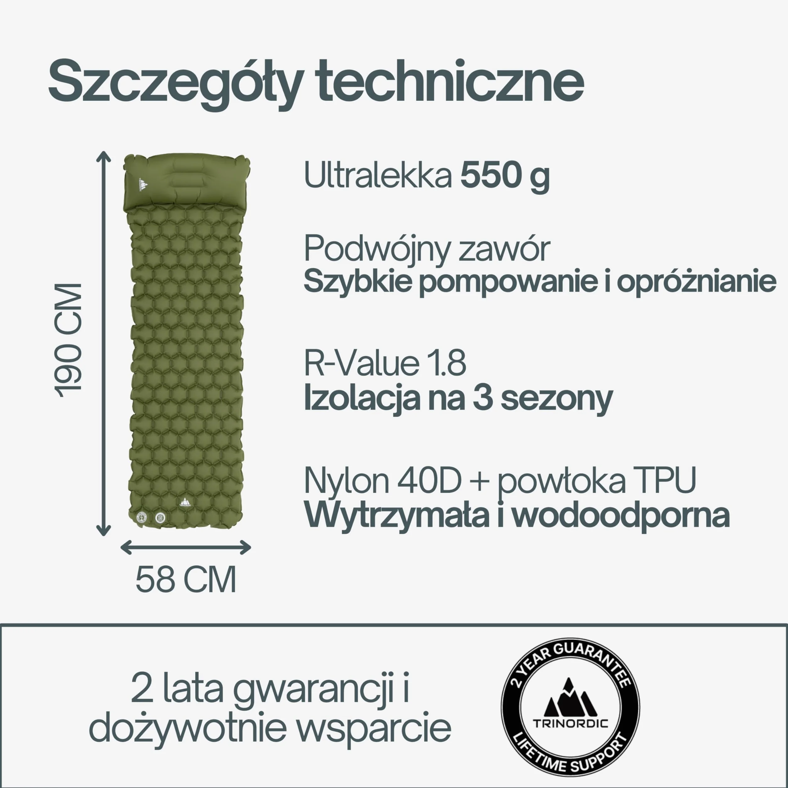 TRINORDIC Ultralekki Materac Kempingowy z Poduszką - Pojedynczy Materac Powietrzny, Wytrzymały Sprzęt Kempingowy - Zielony Lasowy