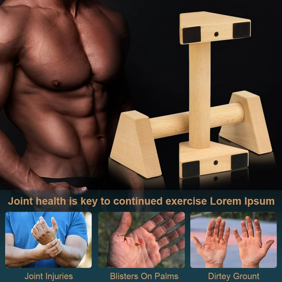 flintronic Drewniane paralety, drążki do fitnessu, drążki paralletowe z litego drewna z matą antypoślizgową, drążek na rękę, paski na nadgarstek, do treningu siłowego, gimnastyki