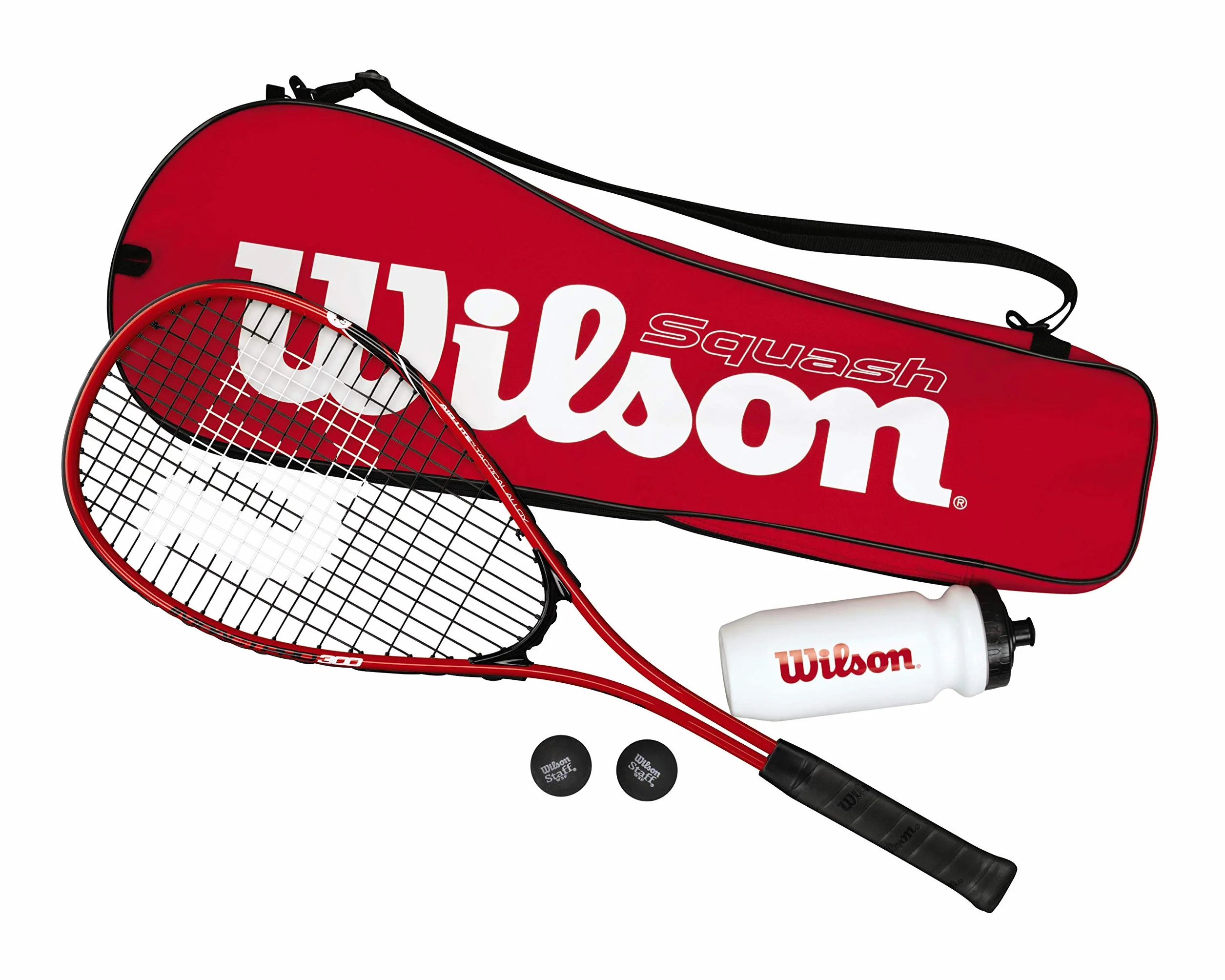 Wilson WRT913100 zestaw startowy do squashingu, w zestawie: 1 rakietka Impact Pro 300, 2 piłki, 1 butelka na wodę i 1 torba, czerwony/czarny, WRT913100