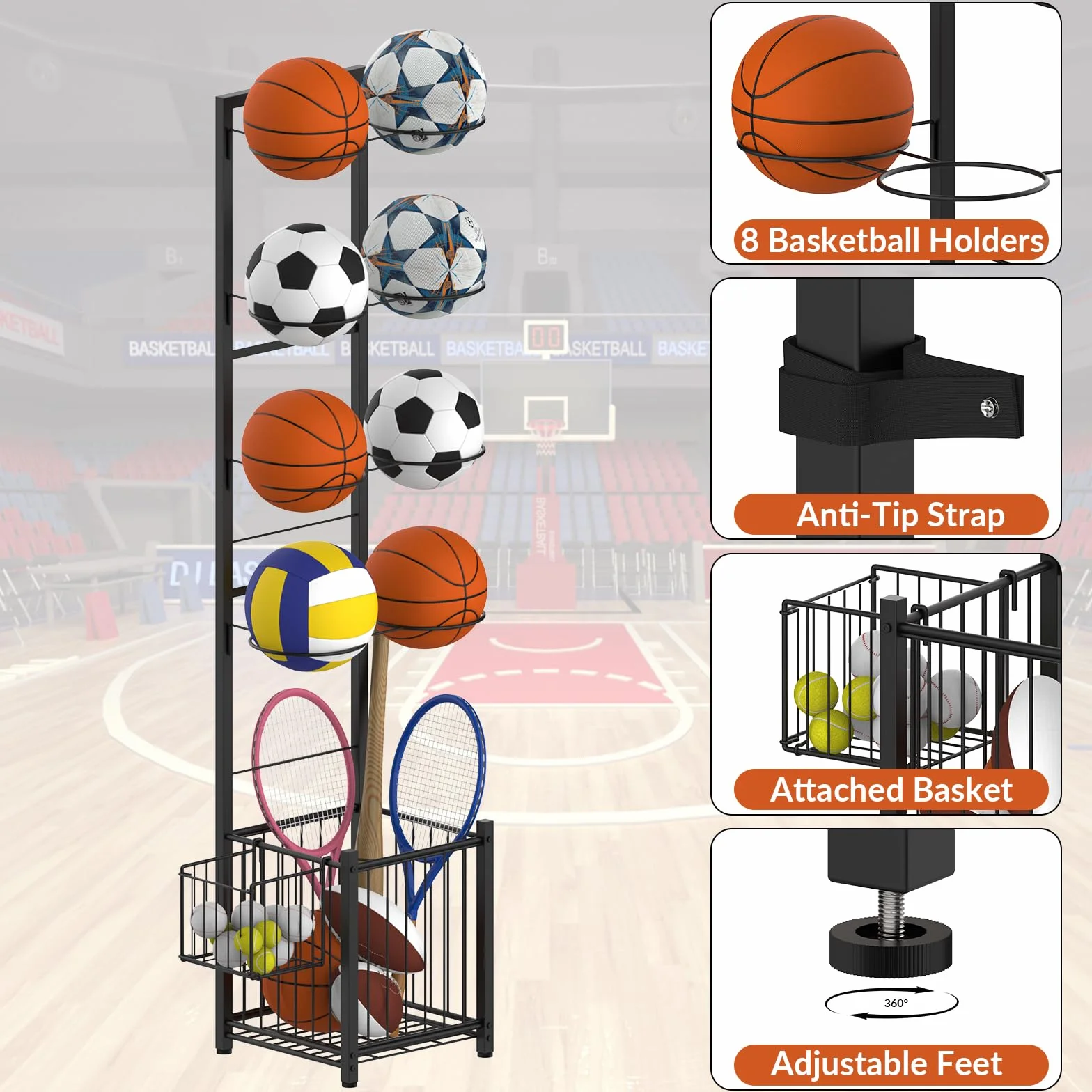 CADUKE Basketball Storage Rack for Garage, 8 Balls Holder for Sports Indoor Outdoor Black