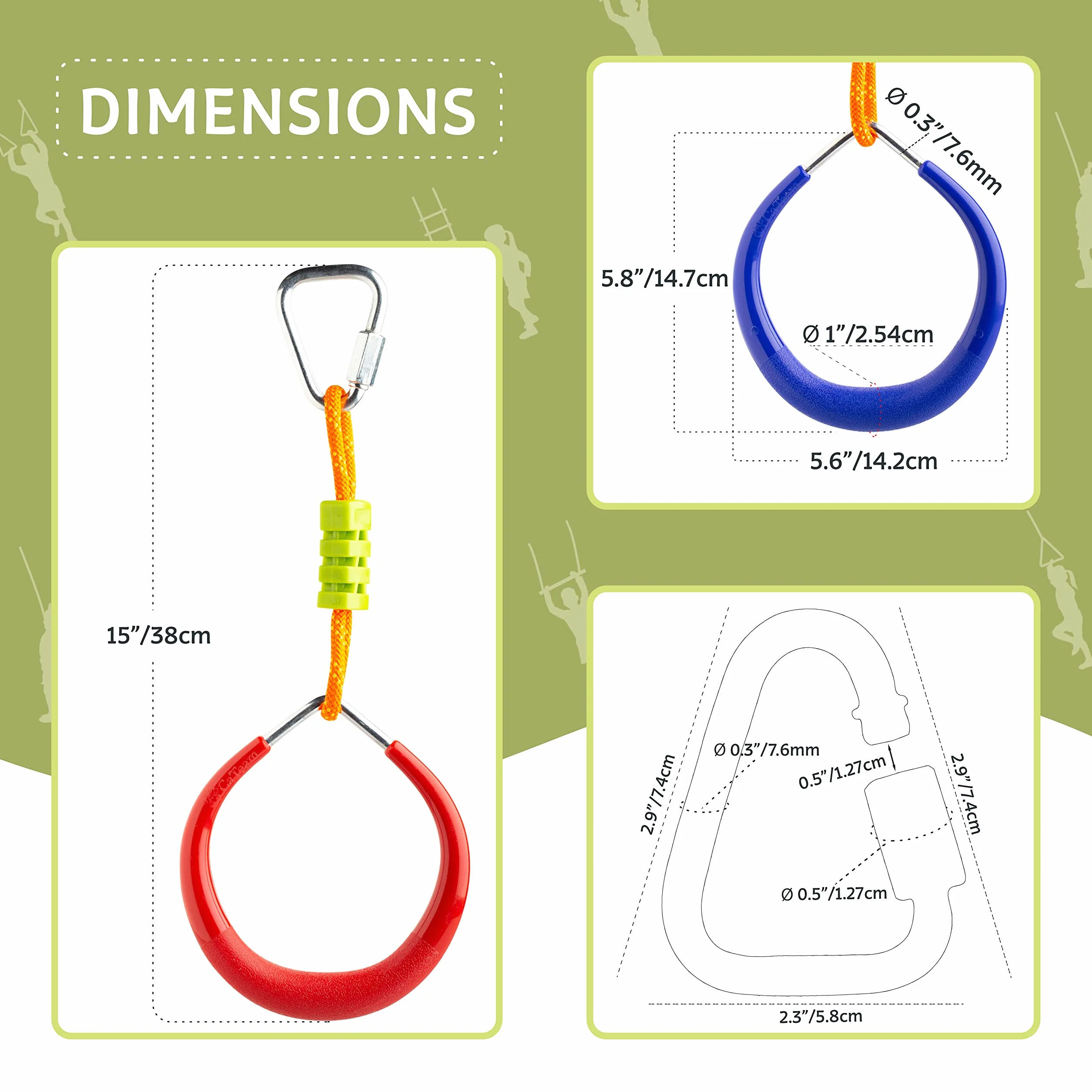 Cateam Ninja Slackline akcesoria - wielokolorowe pierścienie gimnastyczne zestaw 2-częściowy z karabińczykami - pierścienie do drążków wspinaczkowych do jazdy na podwórku