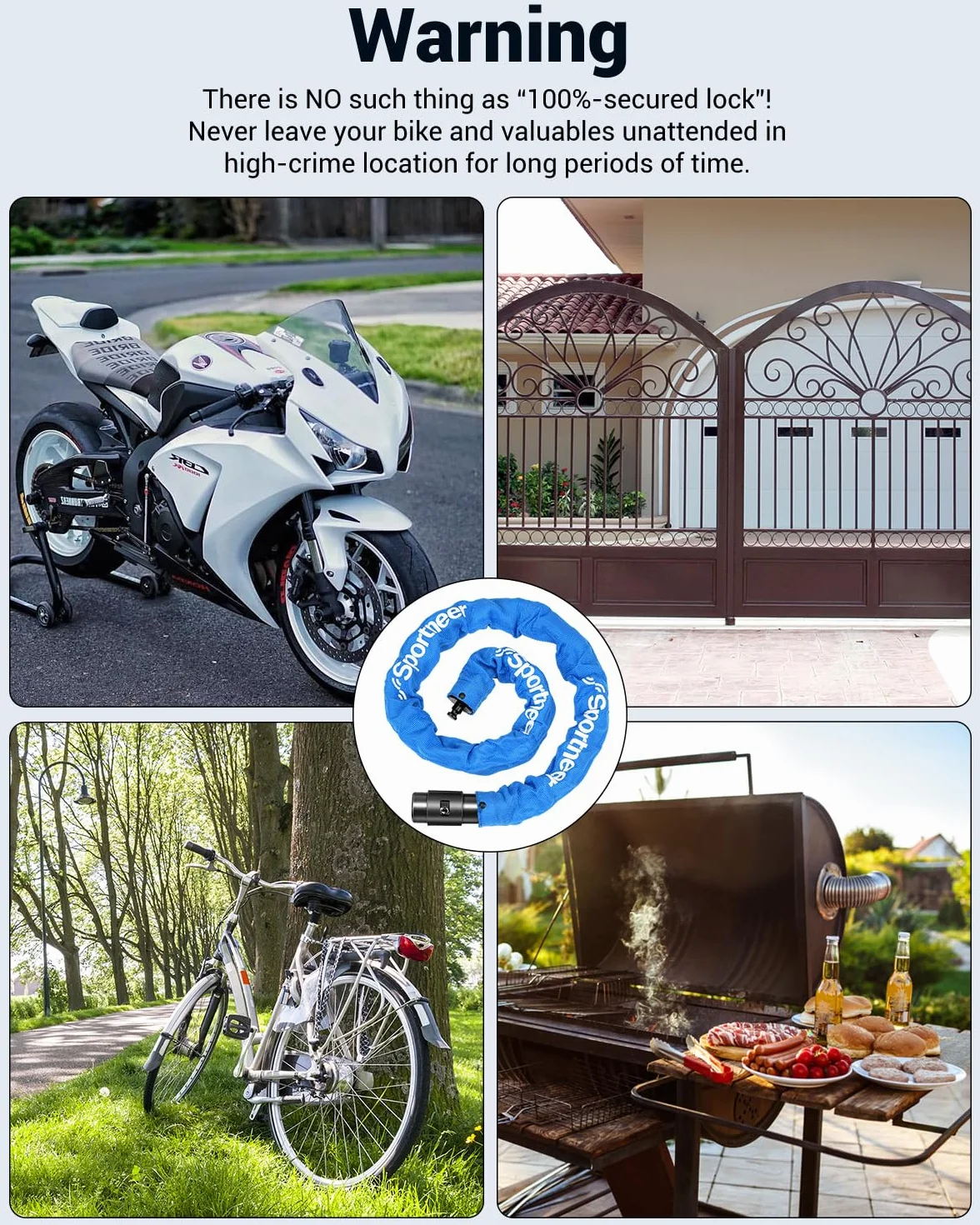 Sportneer Zapięcie rowerowe, wysokie bezpieczeństwo, długość 100 cm, z mocnymi 8 mm mocnymi zamkami rowerowymi, z hartowanej stali, zamek antykradzieżowy, do motocykla, roweru, drzwi, ogrodzenia,