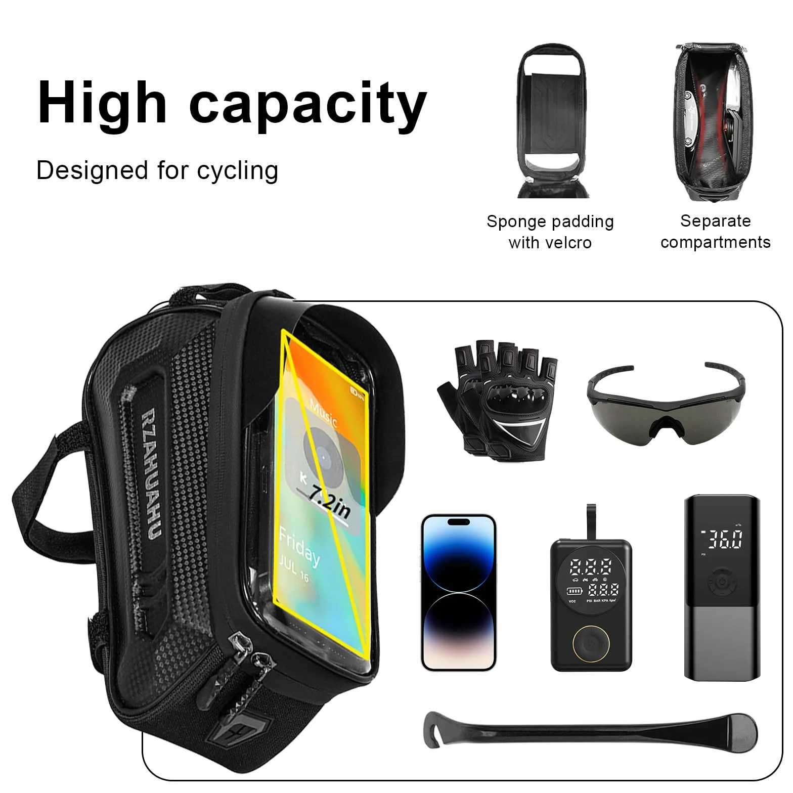 Torba Rowerowa na Ramę z Ekranem Dotykowym, Wodoodporna Sakwa na Telefon do 7,2" - Duża Pojemność, Osłona Przeciwsłoneczna 3D, Paski Antypoślizgowe - Dla Rowerów Górskich/Szosowych