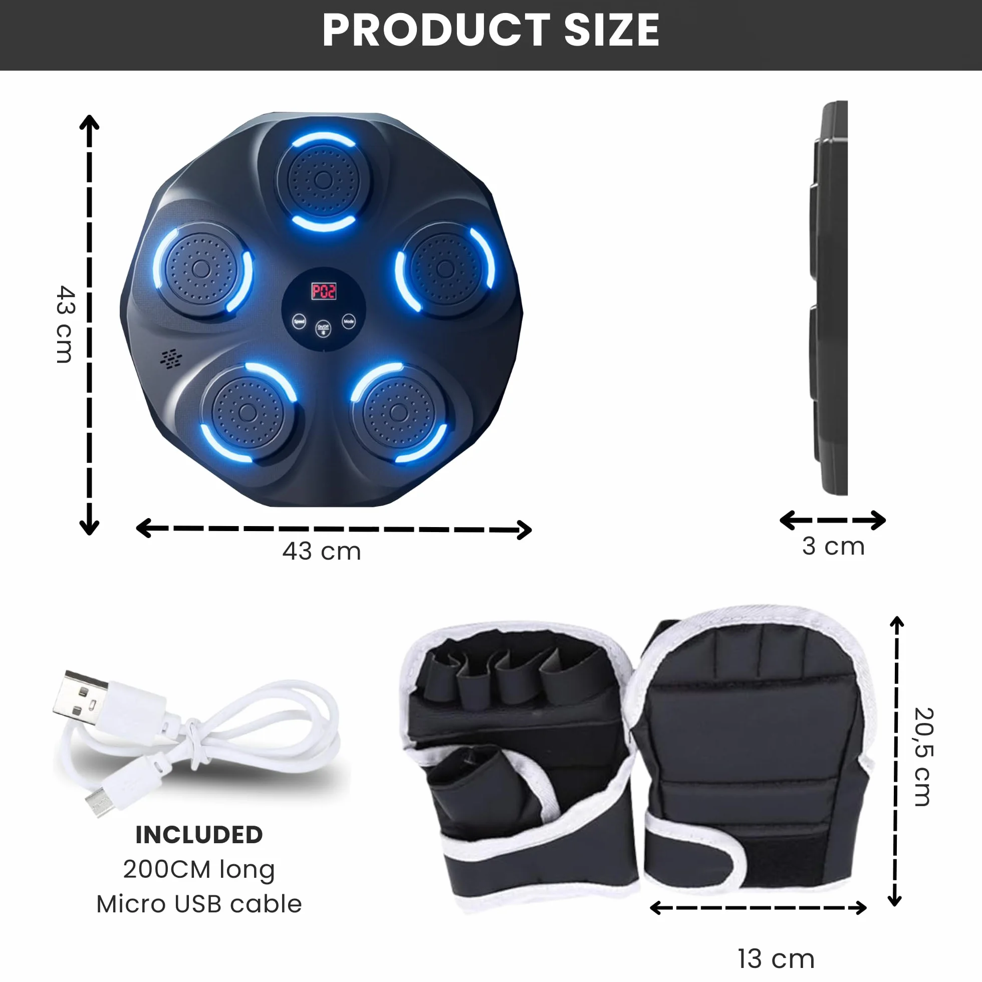 Muzyczna Maszyna Bokserska z PU, Podkładka Bokserska LED Bluetooth, Rękawice Bokserskie