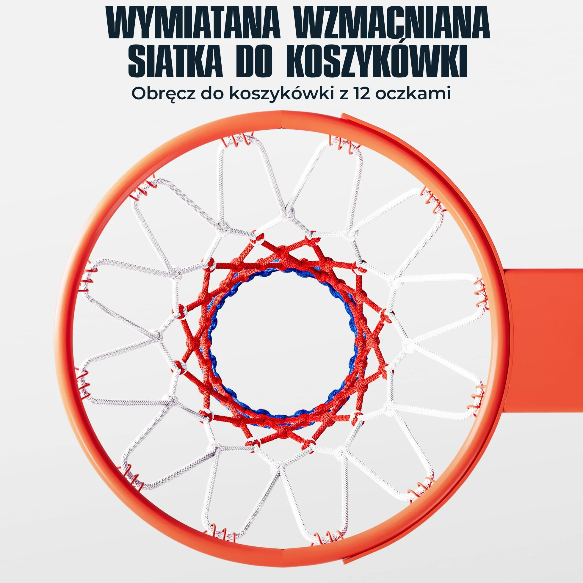 2x Siatka do Koszykówki 150g – Wytrzymała Siatka Zapasowa na Kosz – Na Zewnątrz, Odporna na Warunki Atmosferyczne, 12 Pętli – Biała, Czerwona i Niebieska