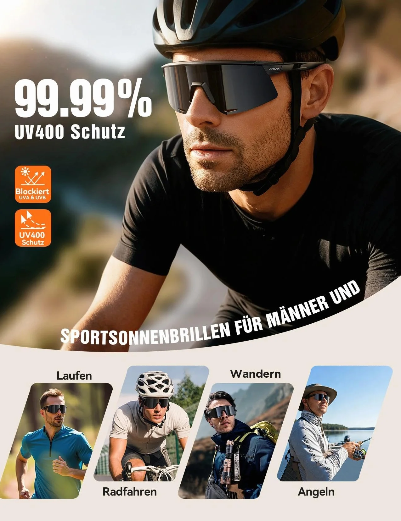 JOYROOM Okulary Sportowe dla Mężczyzn i Kobiet UV400 Ochrona Okulary Rowerowe do Biegania Jazdy Turystyki z Lekką Ramą TR90, Regulowalną Poduszką Nosa i Giętymi Wąsami