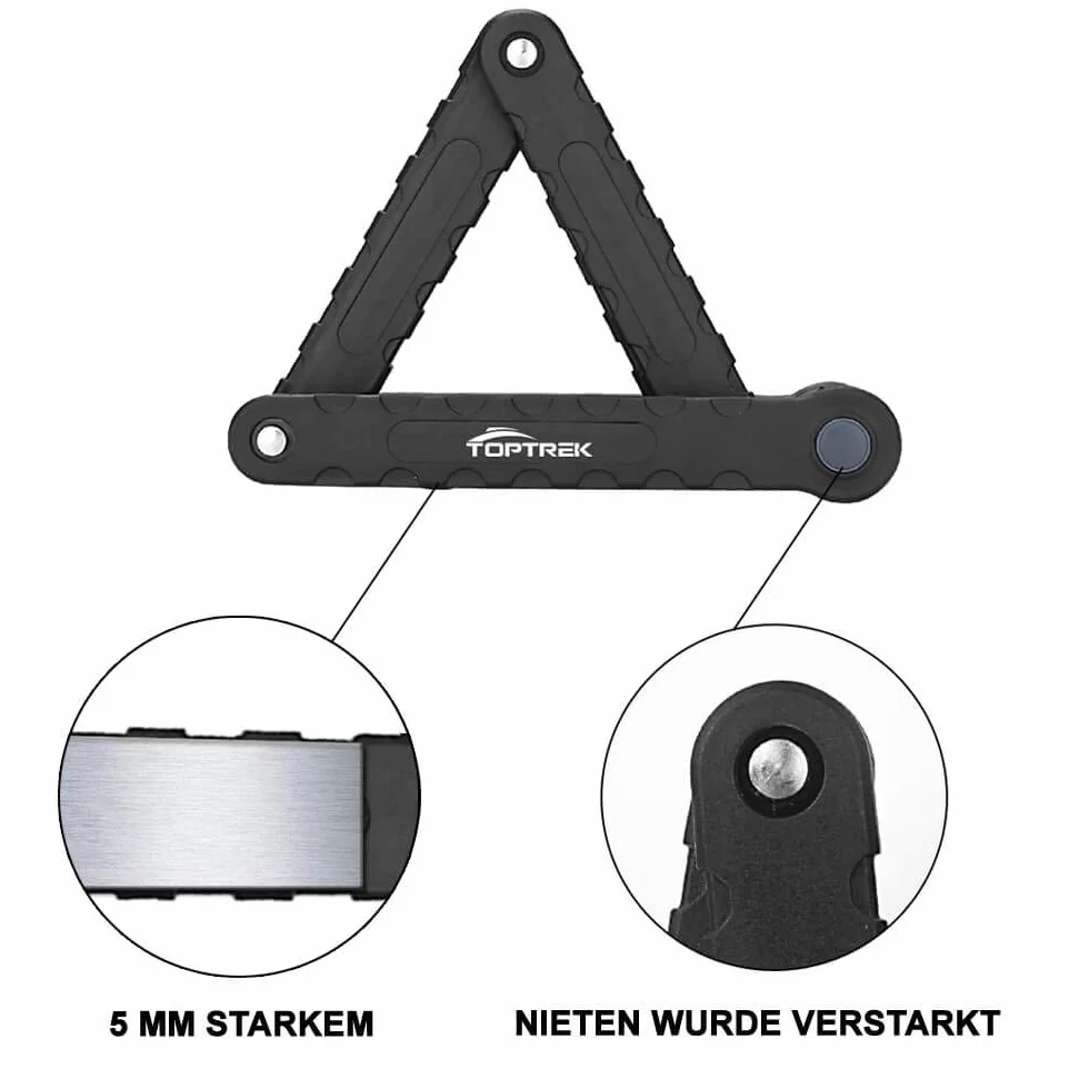 toptrek Składane zapięcie rowerowe z uchwytem, zapięcie rowerowe, klucz, długość 94 cm, 8 przegubów, zamek do rowerów górskich, szosowych, BMX, MTB (czarny)