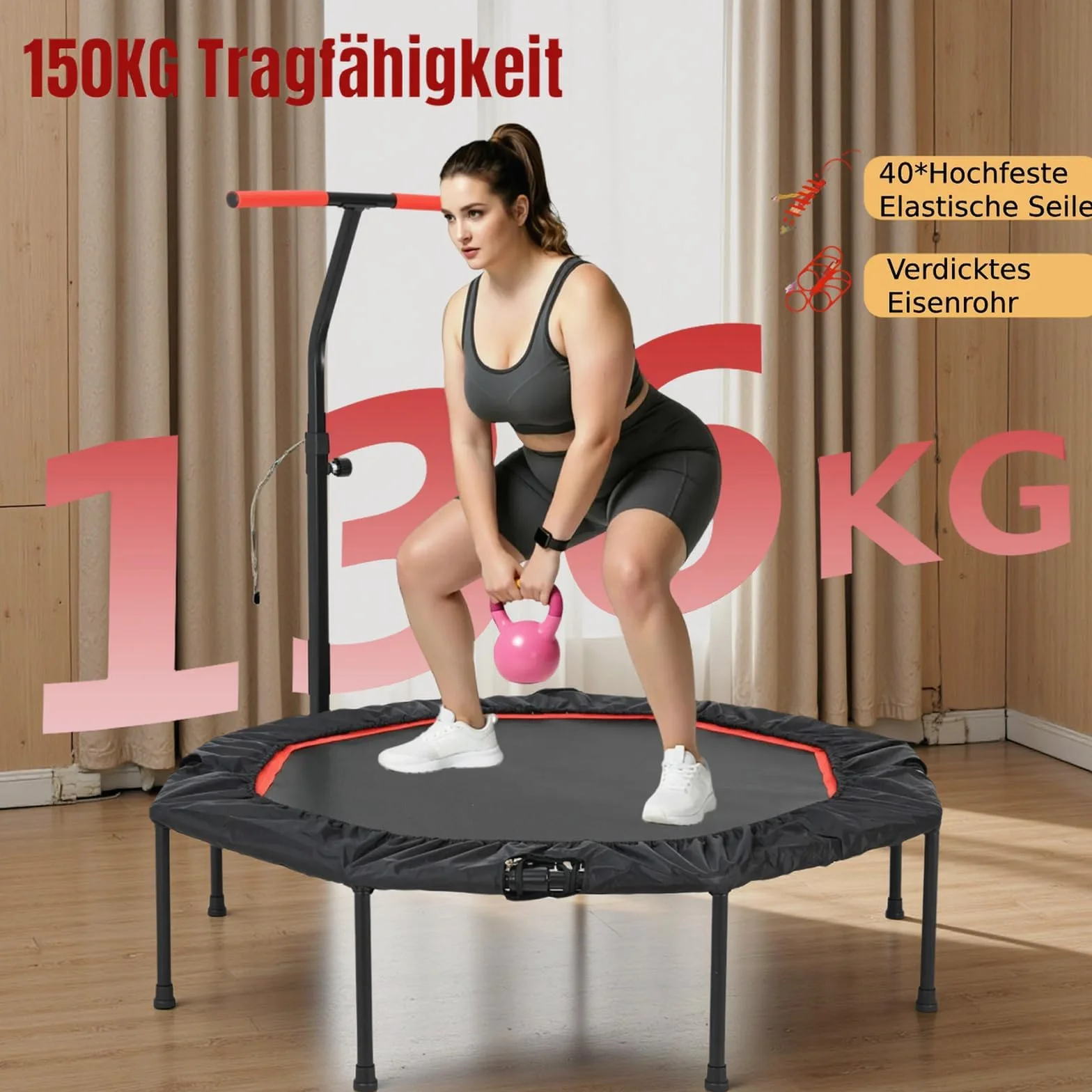 LIFERUN Cicha trampolina fitness, ośmiokątna mini trampolina, Ø 128 cm, do użytku wewnątrz i na zewnątrz, elastyczny sznurek, uchwyty z regulacją wysokości, obciążenie 150 kg, dla dorosłych, do