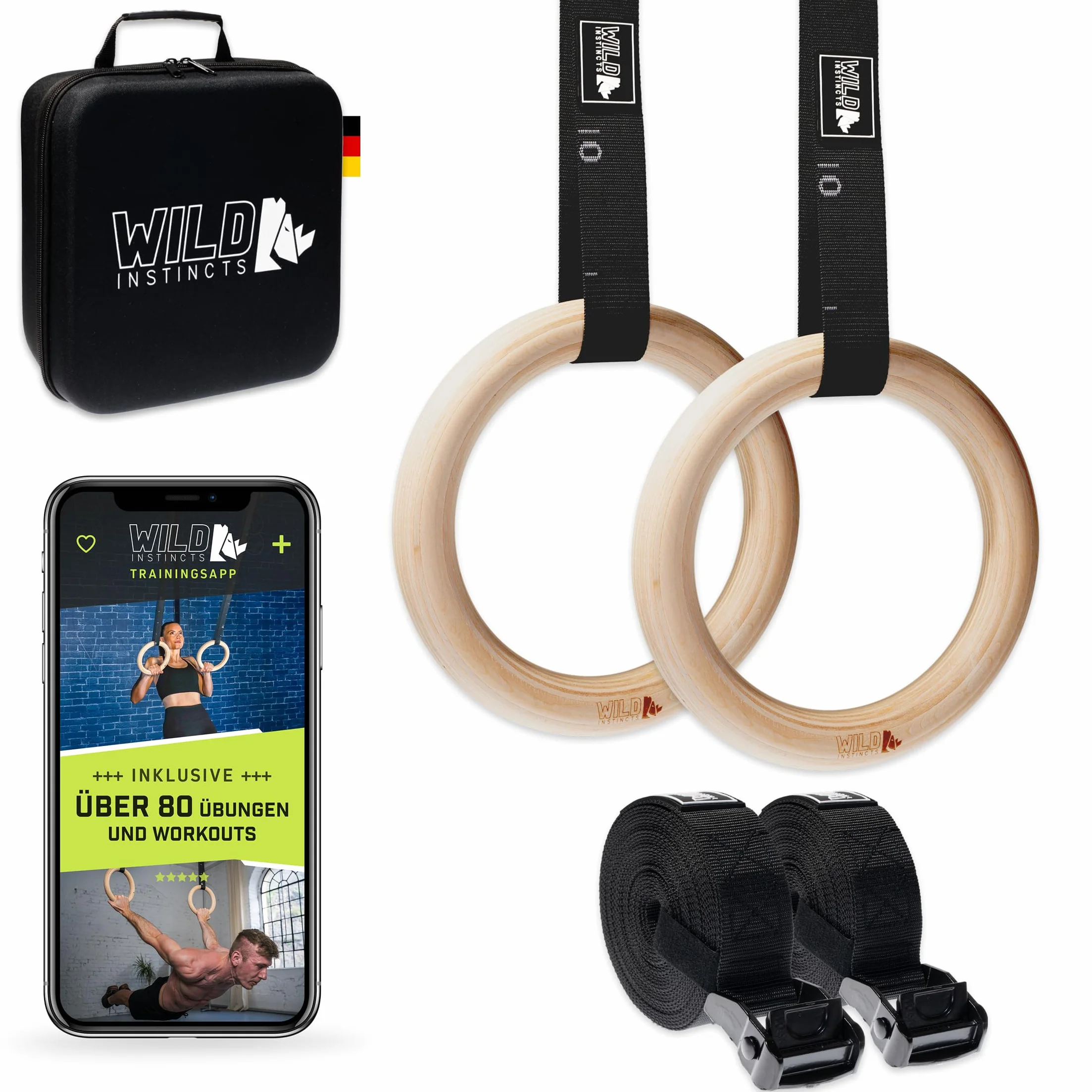 Wild Instincts Pierścienie gimnastyczne premium z drewna 28 mm i 32 mm z WebApp – pierścienie treningowe z taśmami o długości 5 m wraz z pokrowcem - pierścienie gimnastyczne do gimnastyki -