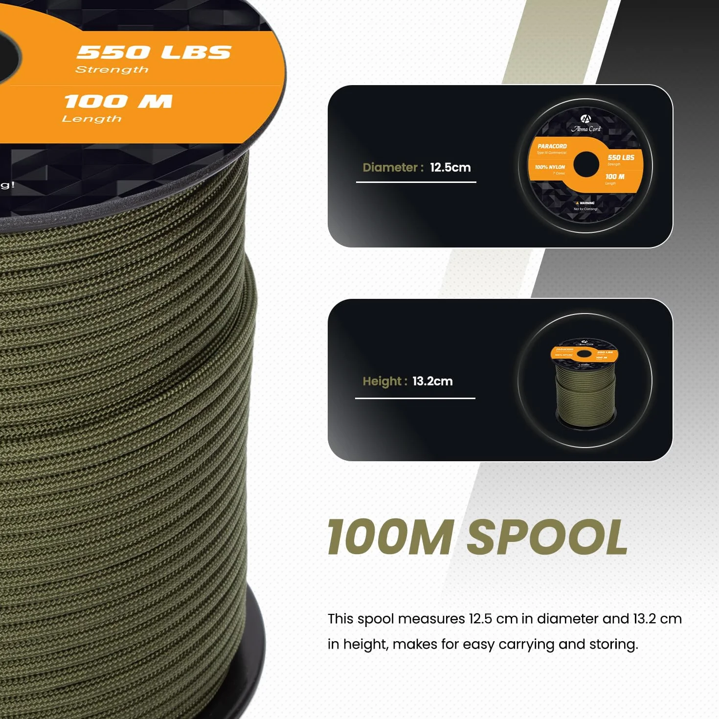 Abma Cord Paracord 550 4mm 100m 100% Nylonowa Sznurek Linka Typ III 7-żyłowa do Biwakowania, Majsterkowania, Zewnątrz, Survivalowy - Max. 250kg (550lb) - Czarny