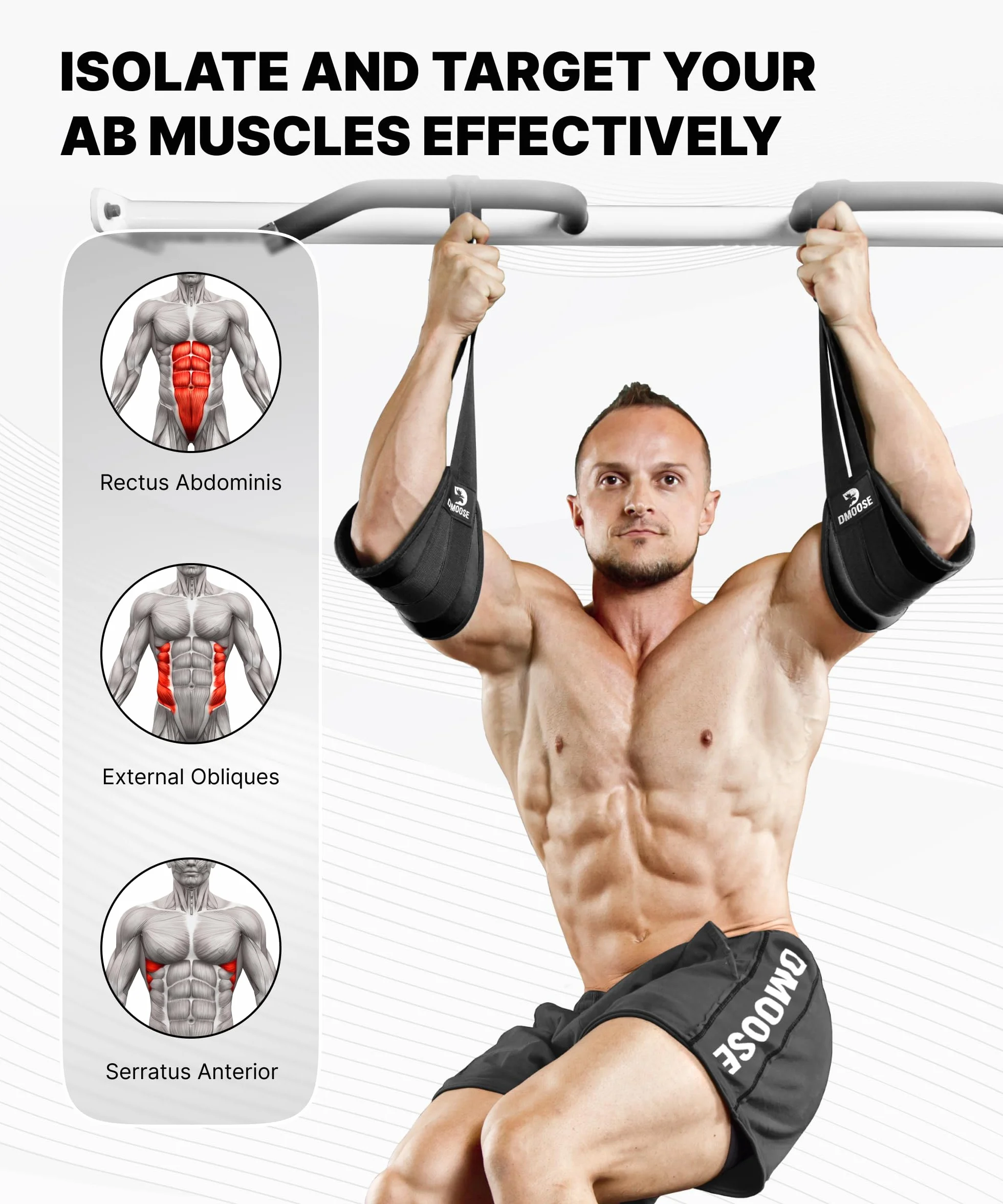 DMoose Fitness Wiszące pasy biodrowe do drążków do podciągania i treningu siłowego – grubo wyściełany pas na ramię do podciągania się brzucha z 2 nierdzewnymi karabińczykami – pasy do podciągania do