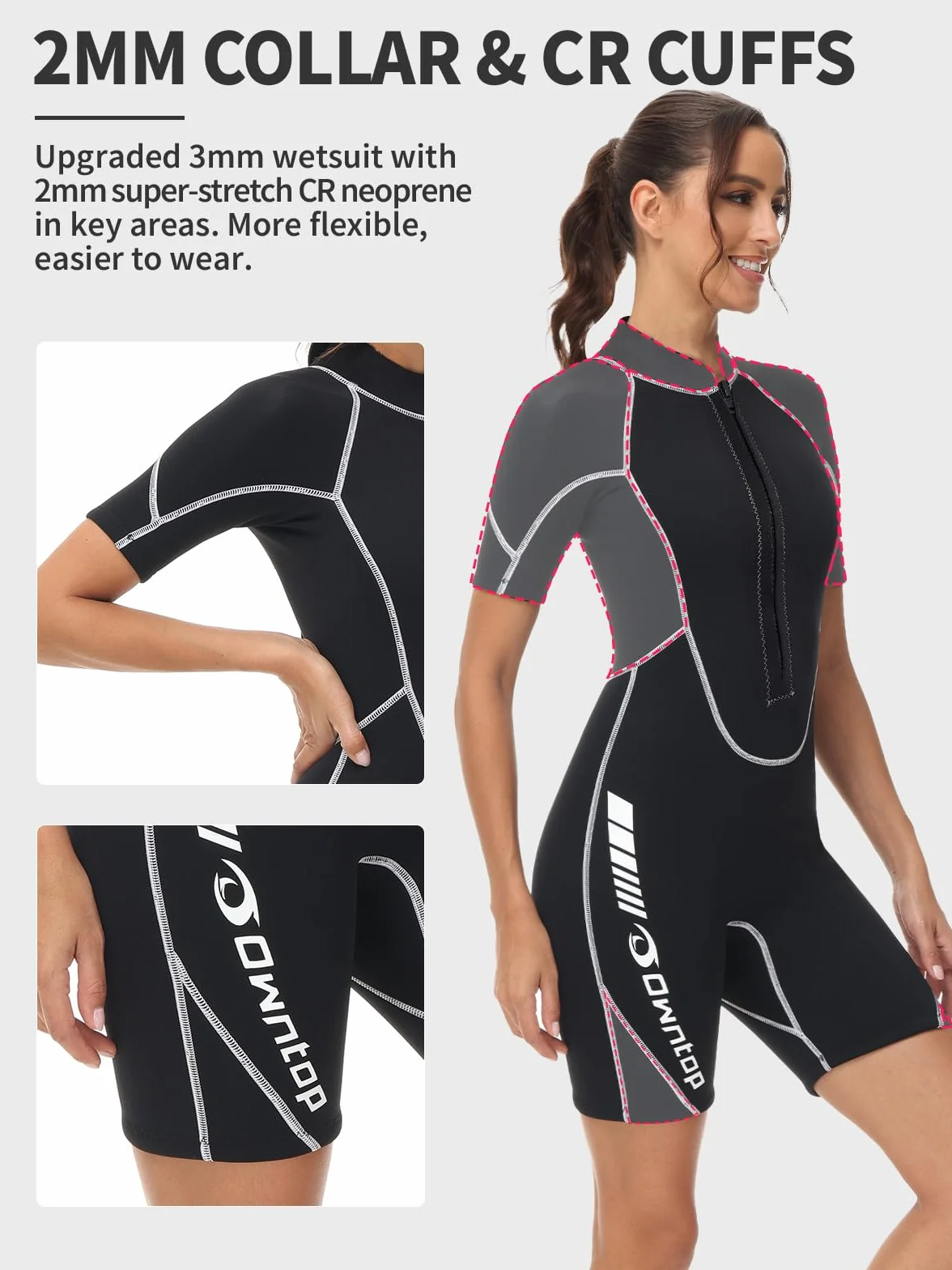 Owntop Kombinezon neoprenowy 3/2 mm dla kobiet/mężczyzn – zamek błyskawiczny z przodu do nurkowania, surfowania, z krótkim rękawem, rozciągliwy neopren do sportów wodnych