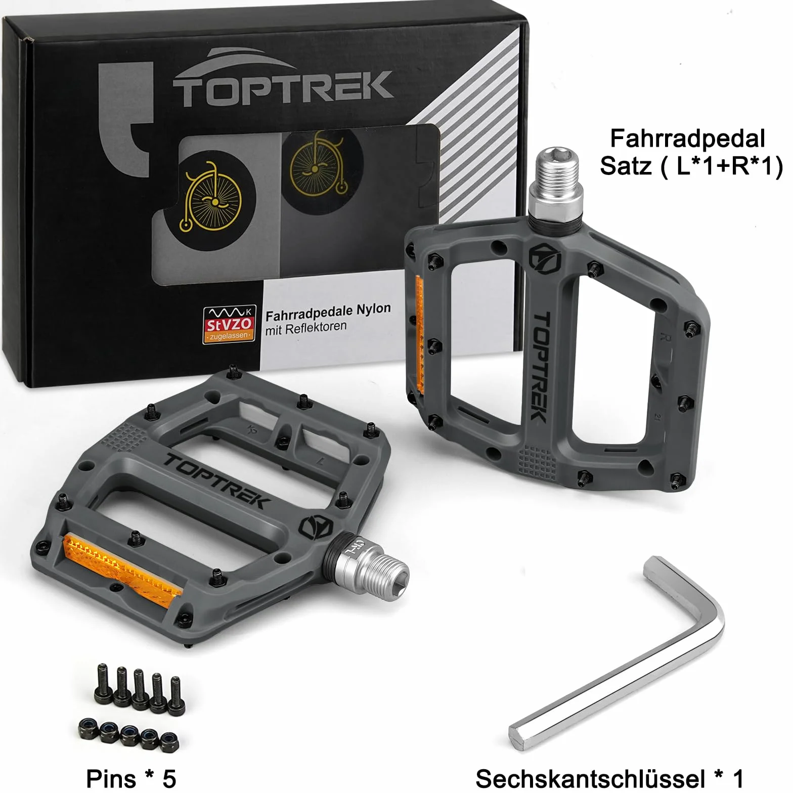 toptrek Pedały rowerowe z reflektorami StVZO, nylonowe, kompozytowe, płaskie, 3 antypoślizgowe pedały do roweru MTB, 9/16", zestaw do rowerów wyścigowych/górskich/trekkingowych/rowerów elektrycznych