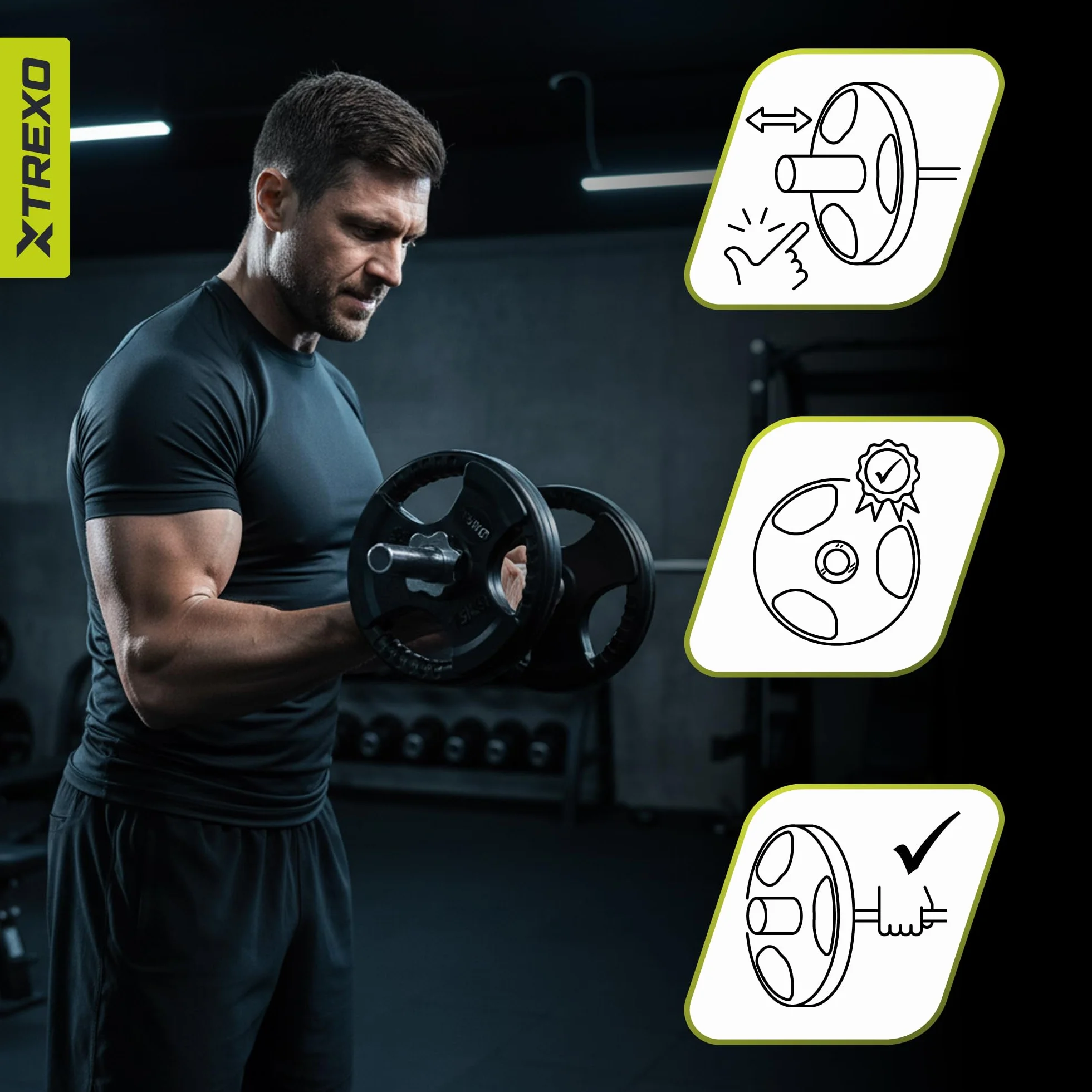 XTREXO Tarcza do sztangi z uchwytami – żeliwna tarcza obciążająca z gumową powłoką i uchwytem 50 mm, ergonomiczna, cicha i trwała, do sztangi długiej, fitnessu, treningu siłowego i crossfitu