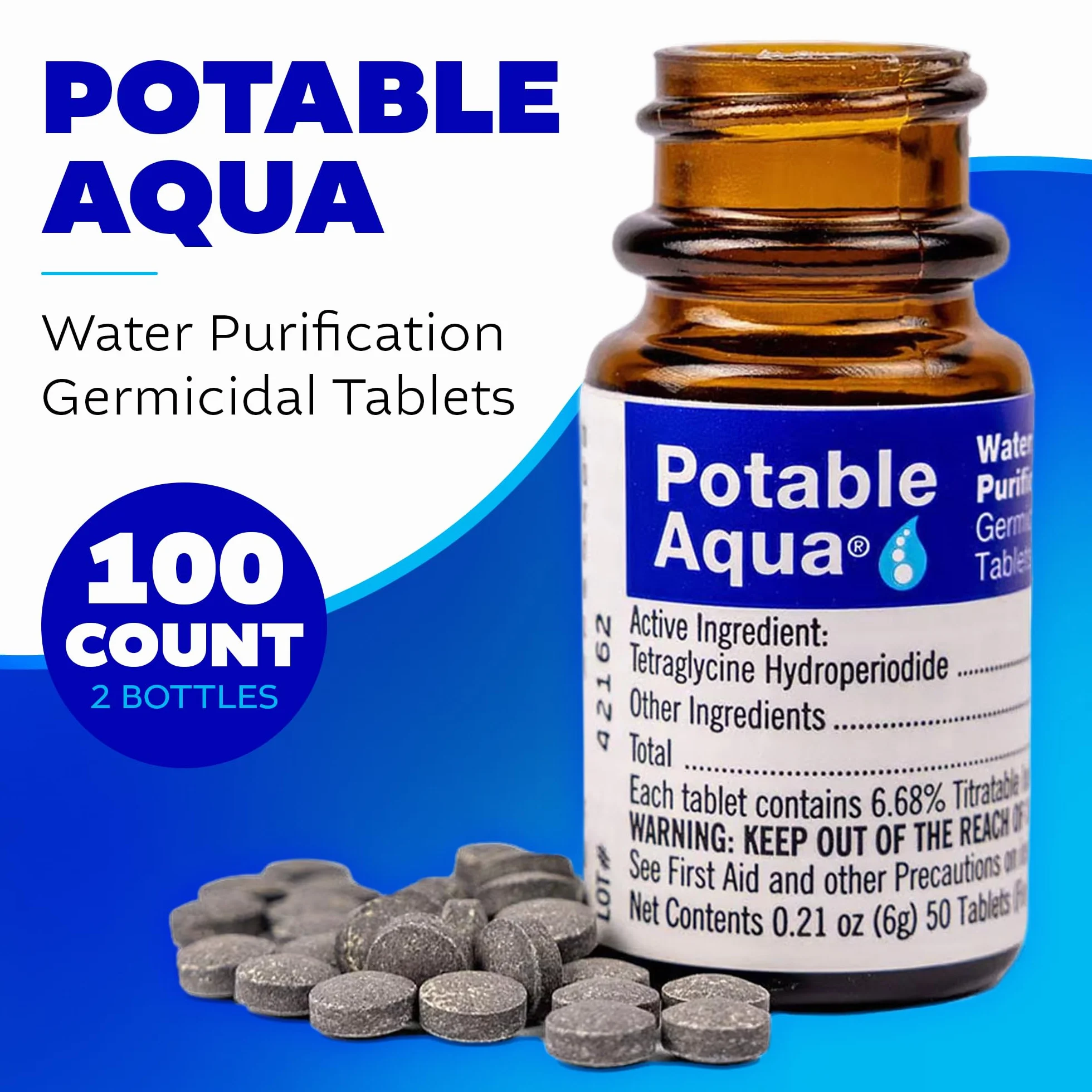 Potable Aqua Tabletki do oczyszczania wody, przenośne i skuteczne rozwiązanie do oczyszczania wody na kemping, wędrówki, sytuacje awaryjne, klęski żywiołowe i podróże międzynarodowe, dwie butelki