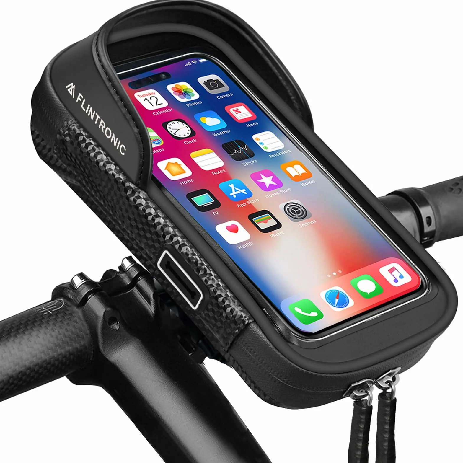 Flintronic Wodoodporny uchwyt na telefon rowerowy 360° ramka na kierownicę z ekranem dotykowym i osłoną przeciwsłoneczną do smartfona poniżej 6,4 cala