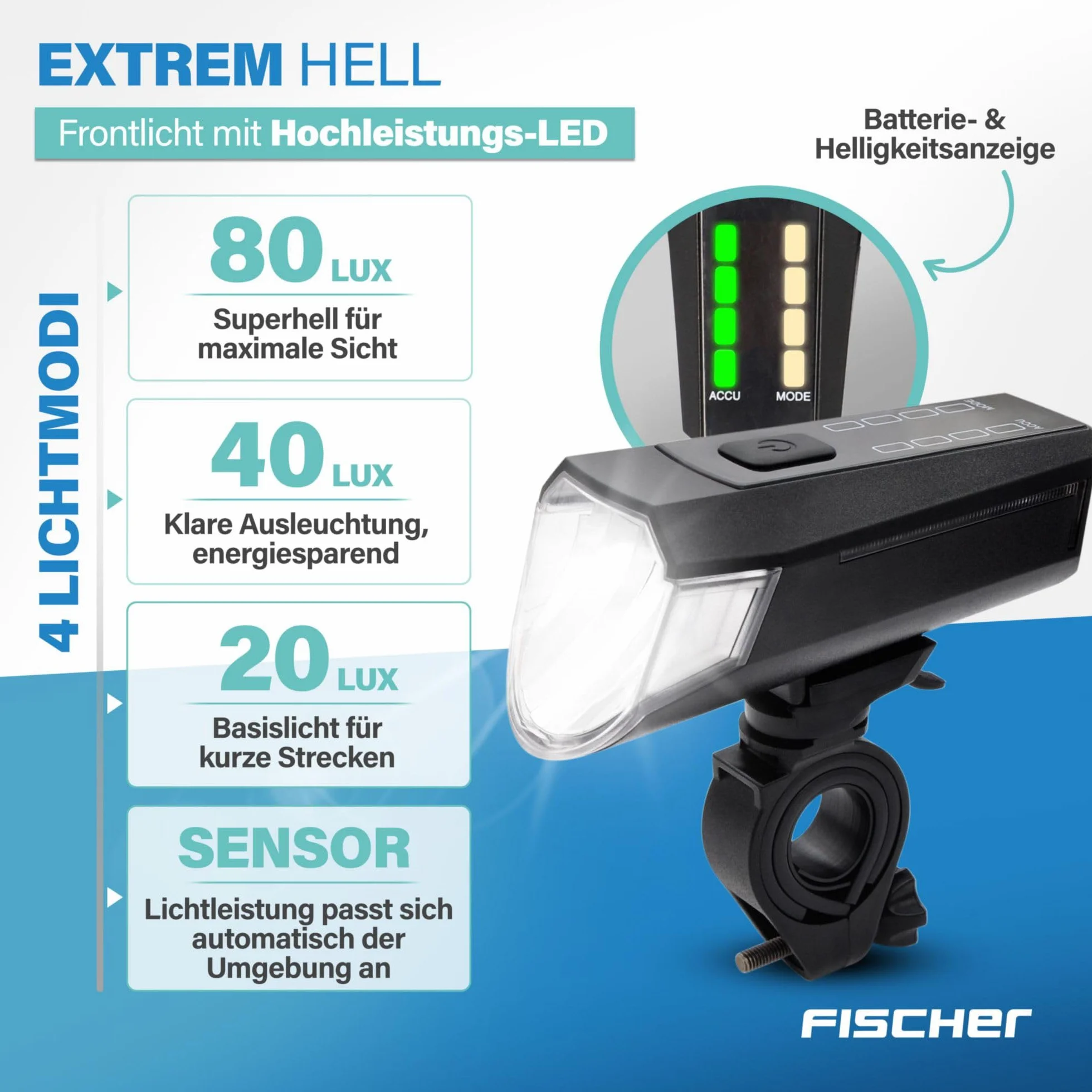 Fischer Twin zestaw świateł rowerowych, oświetlenie podłogowe 360°, lampa rowerowa LED 80 luksów, akumulator ładowany przez USB C, montaż bez użycia narzędzi z przodu i z tyłu
